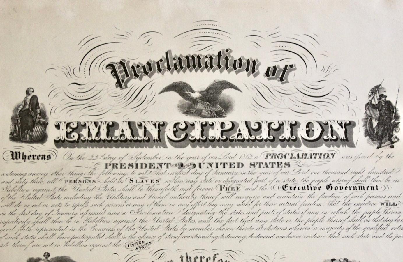 1864 Gravur von Lincolns „Proclamation of Emancipation“ von Charles Shober (Graviert) im Angebot