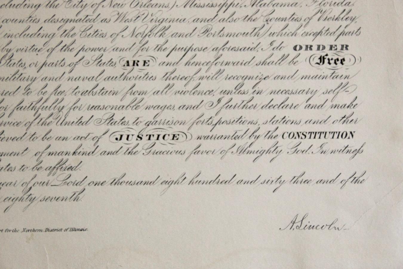 1864 Gravur von Lincolns „Proclamation of Emancipation“ von Charles Shober (Mittleres 19. Jahrhundert) im Angebot