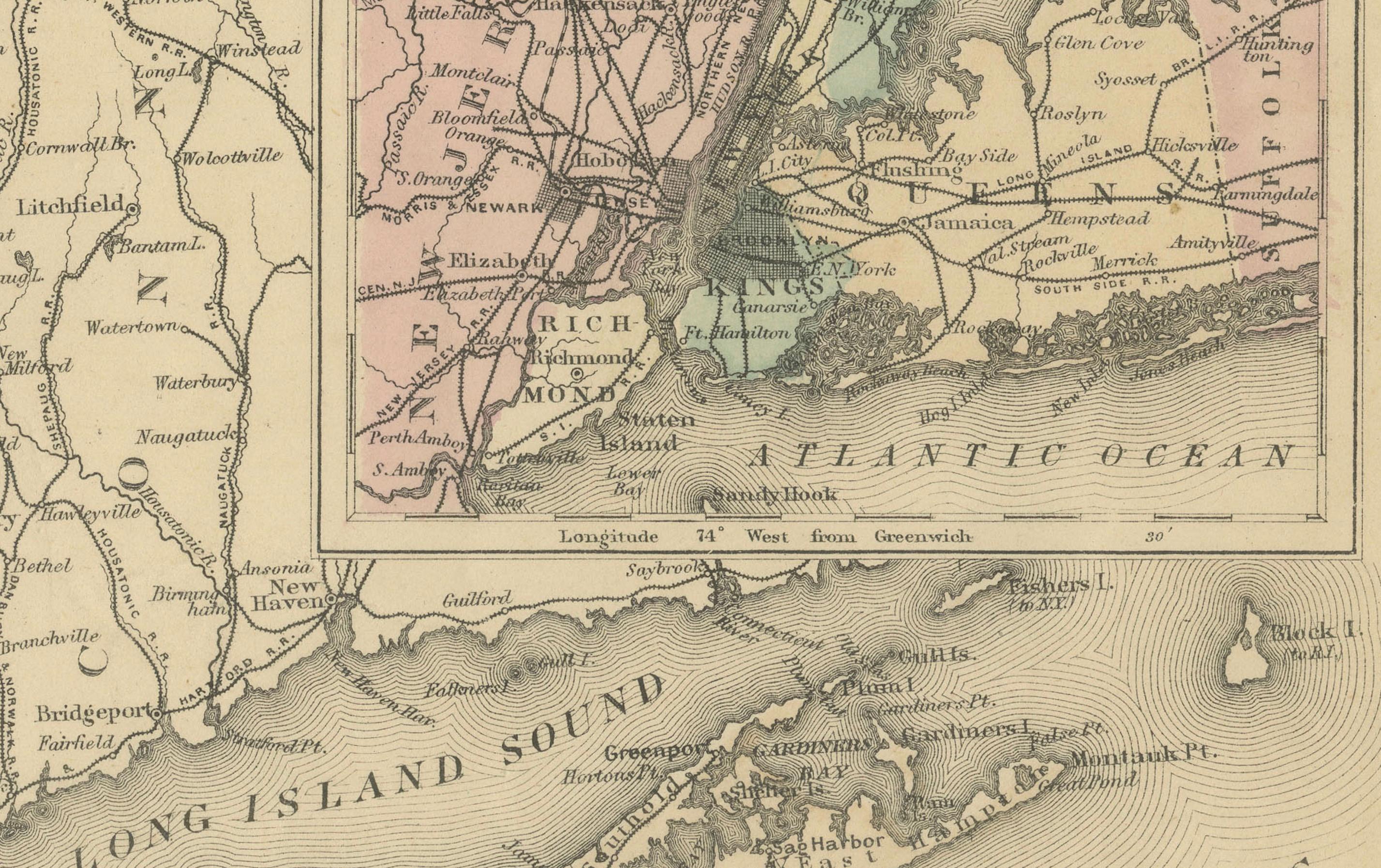 Title: 1864 Johnson's Map of New York City and Adjacent Cities

Description:
This is a hand-colored map titled 