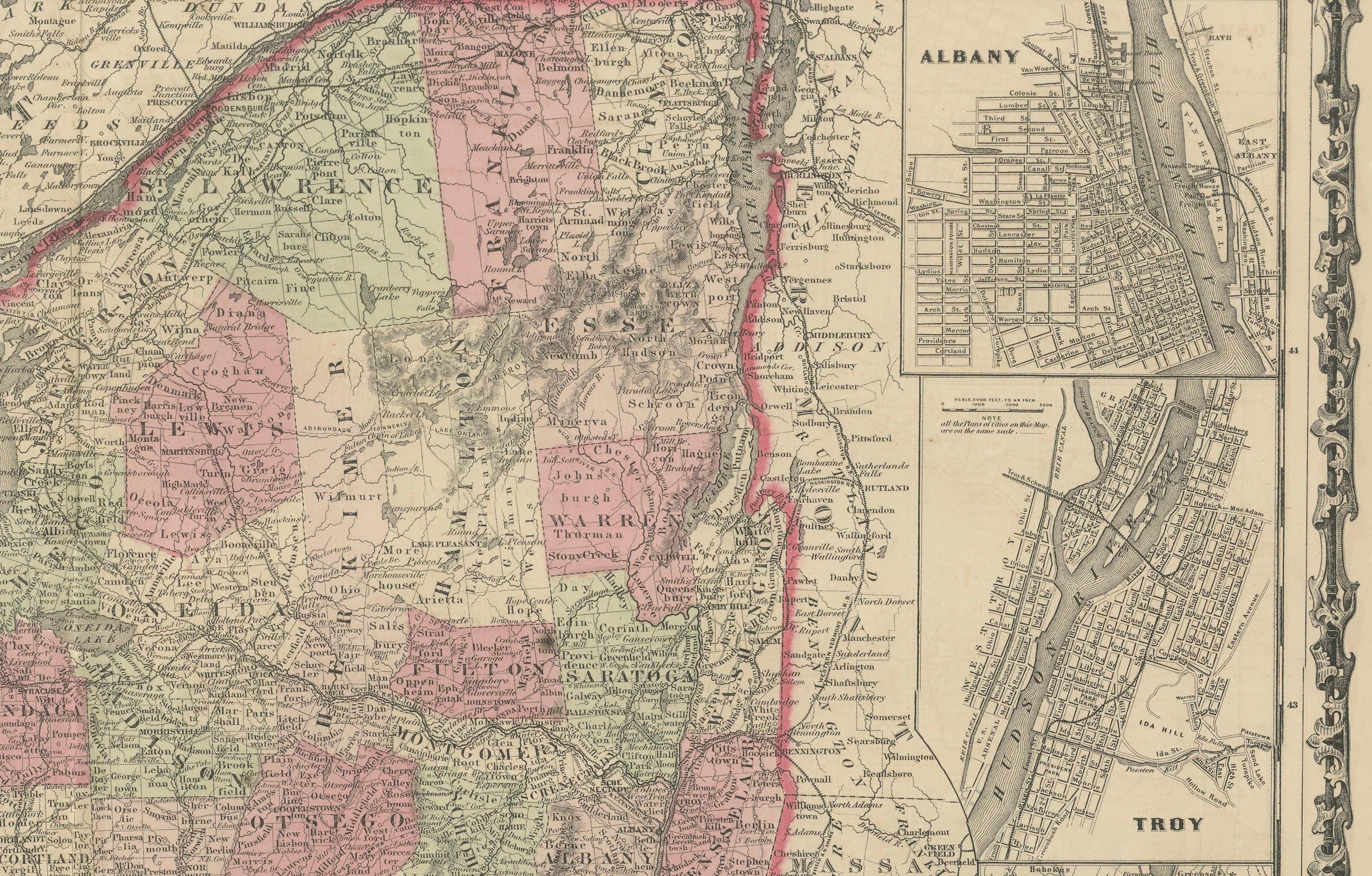 Mappa dello Stato di New York del 1864 di Johnson con inserti delle città In condizioni buone in vendita a Langweer, NL