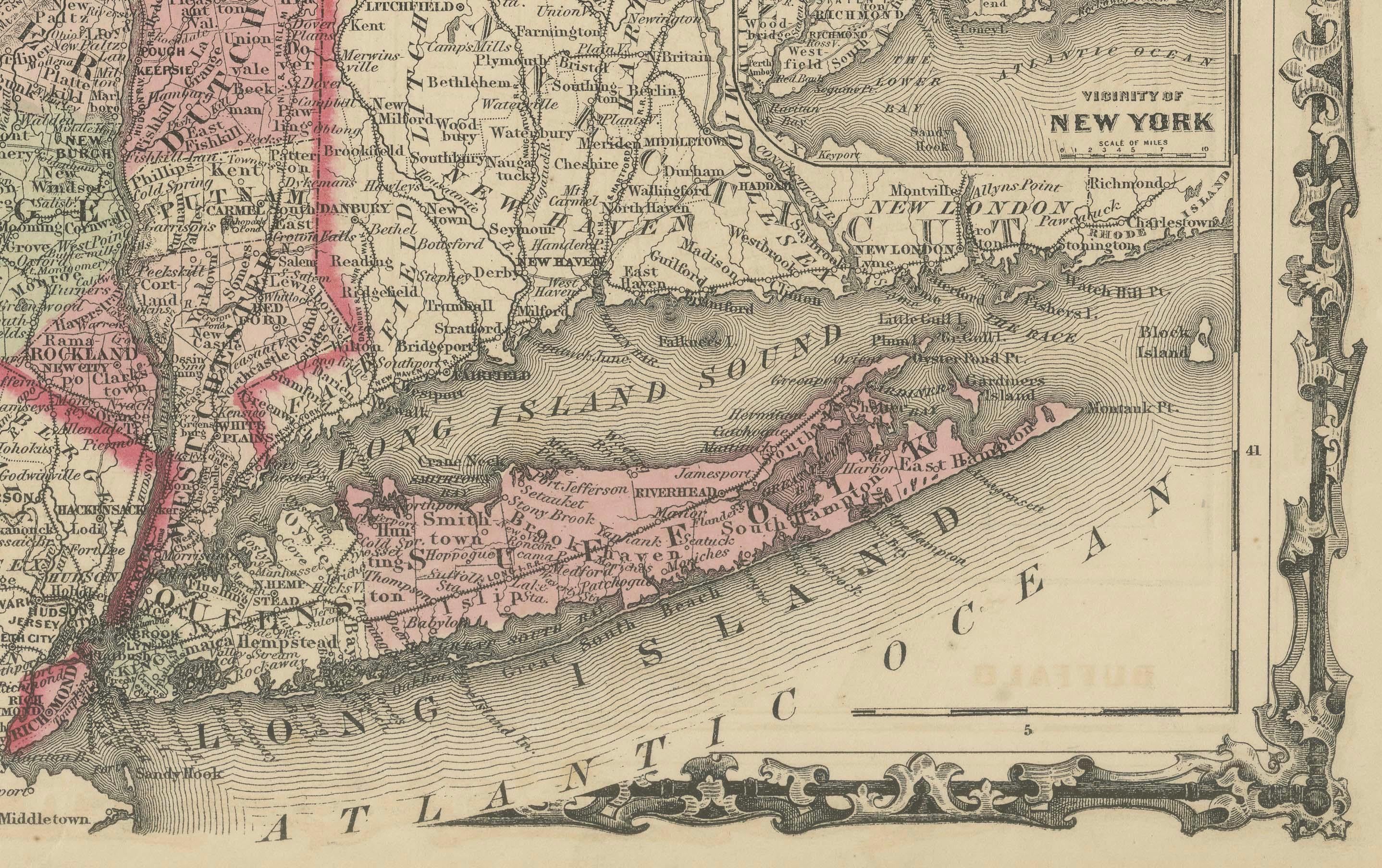 Metà XIX secolo Mappa dello Stato di New York del 1864 di Johnson con inserti delle città in vendita