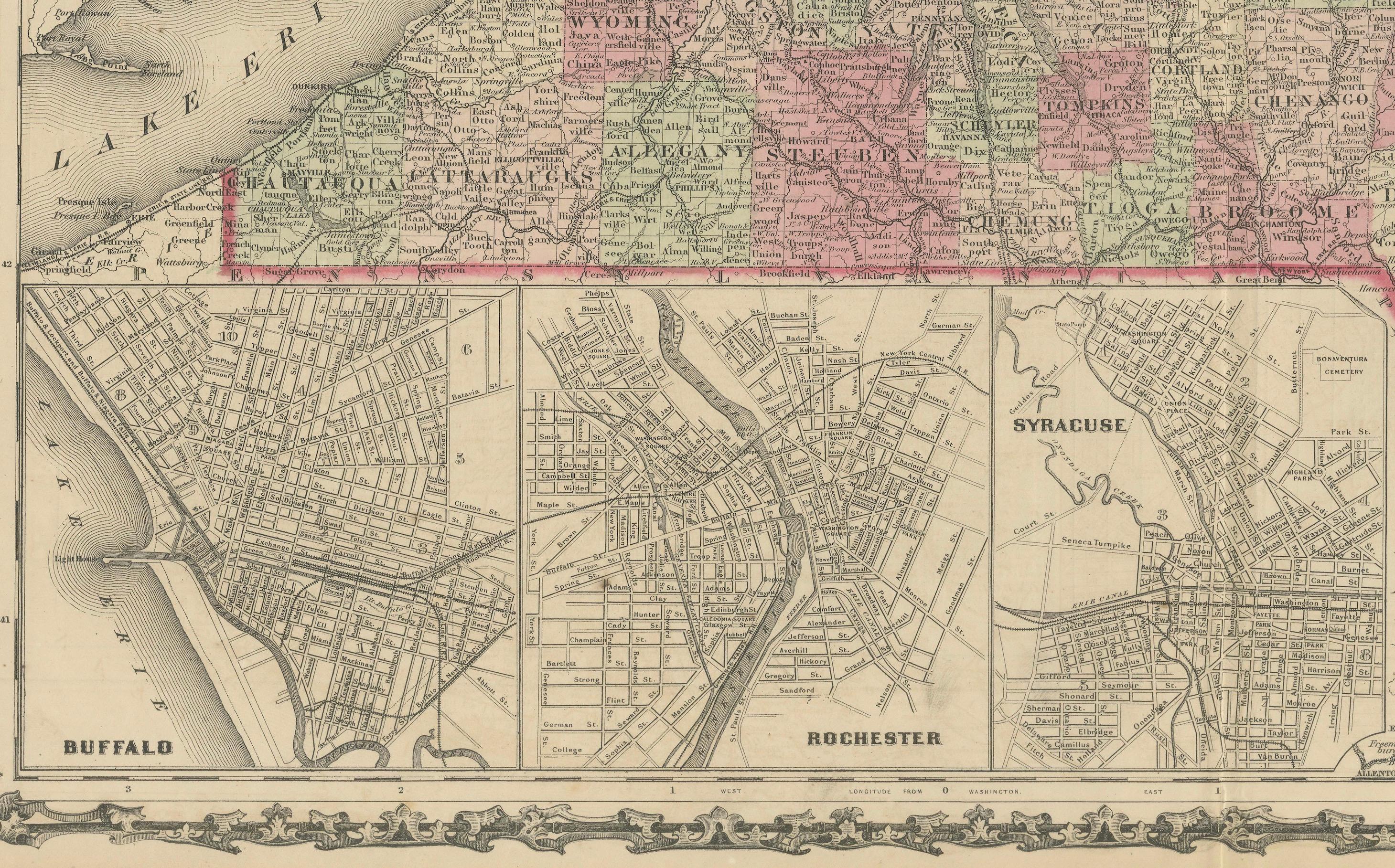 Carta Mappa dello Stato di New York del 1864 di Johnson con inserti delle città in vendita