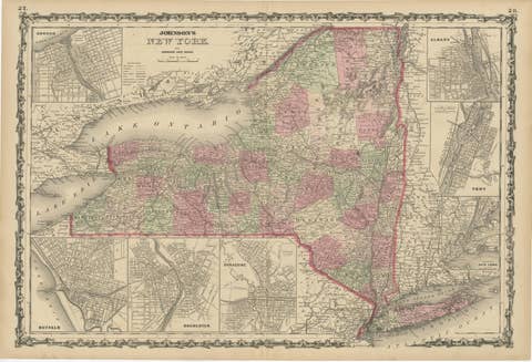 1864 Johnson's Map of New York State with City Insets