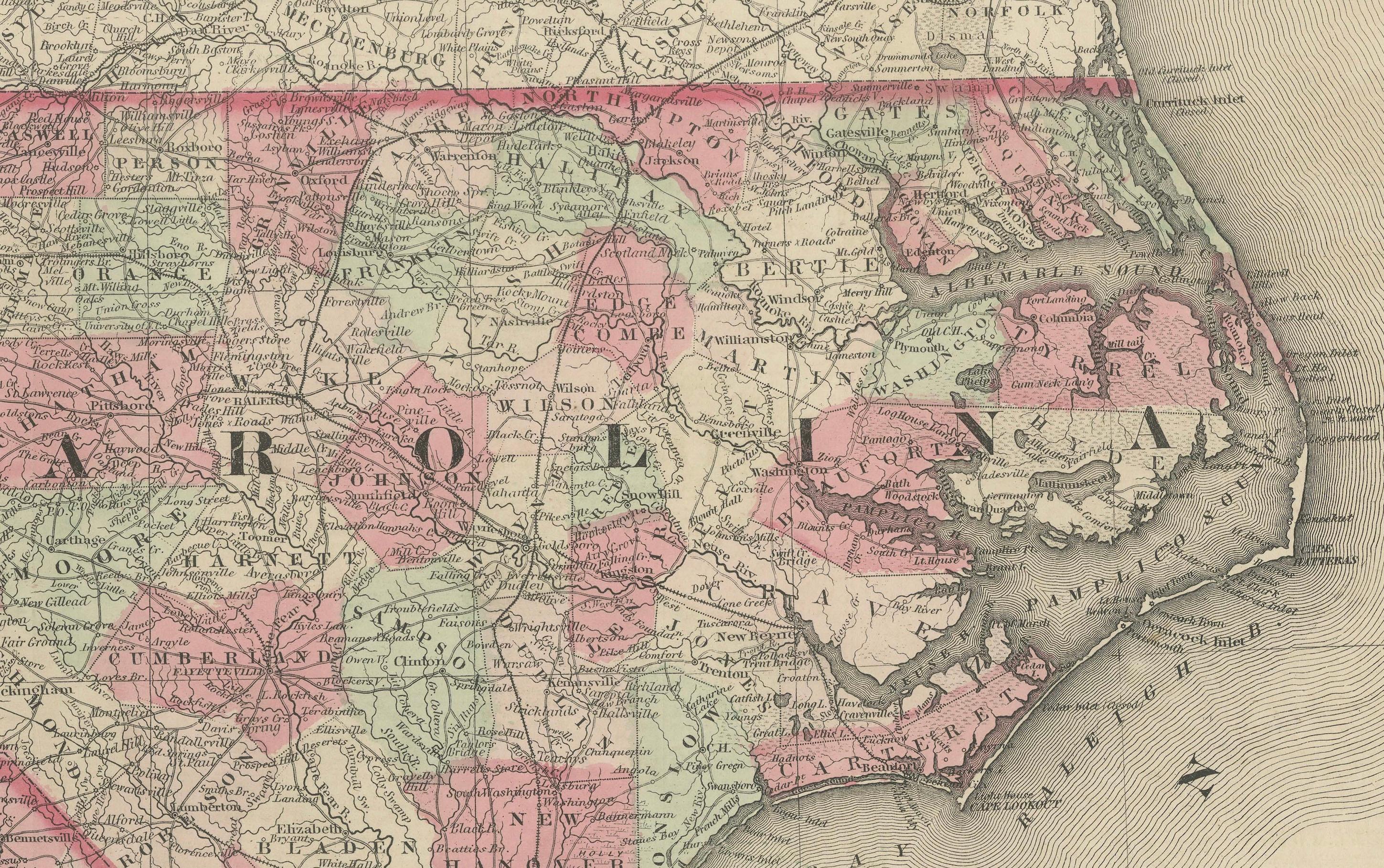 Título: 1864 Johnson's Map of North and South Carolina with Charleston Inset

Descripción: Este mapa de 1864, titulado 