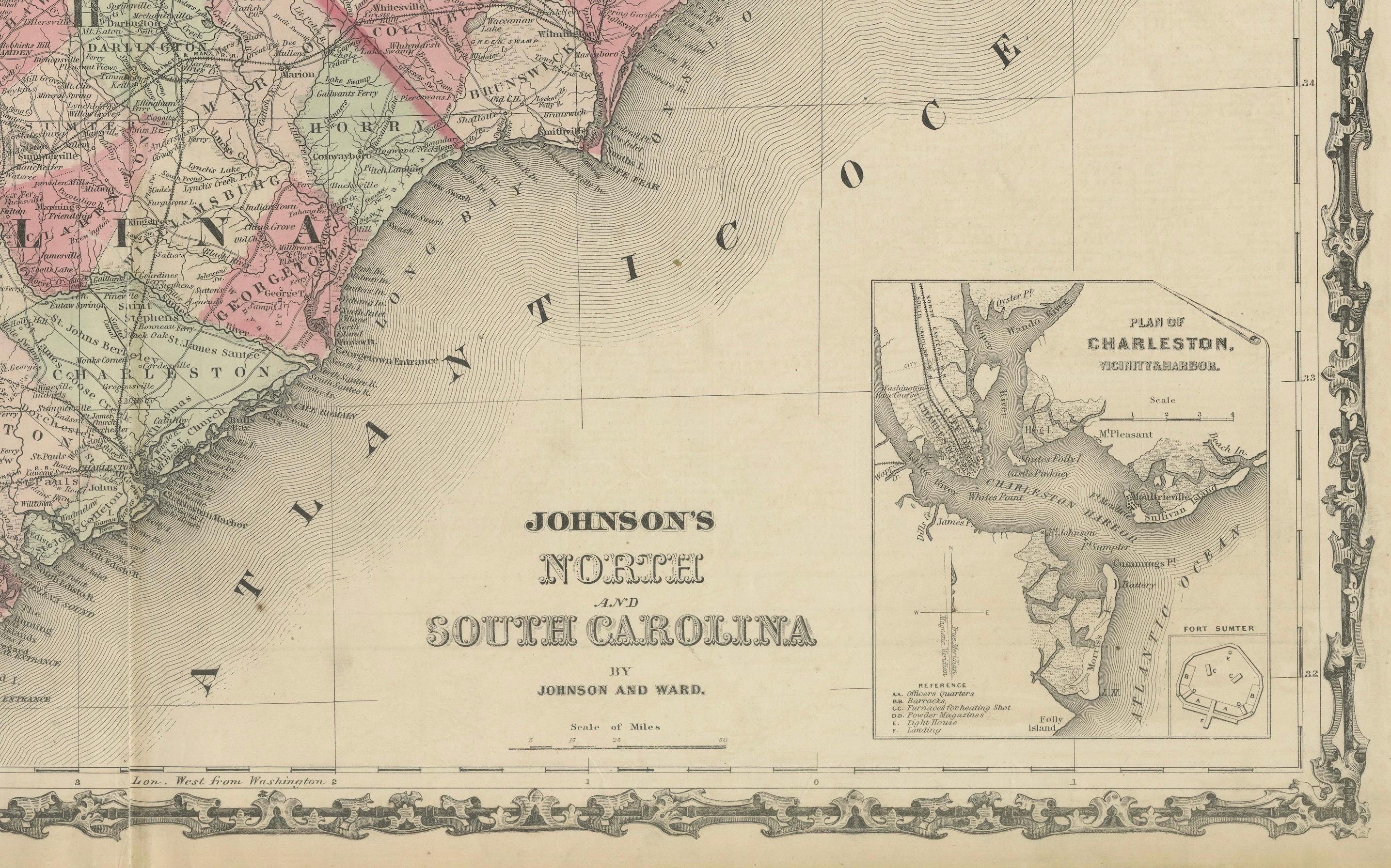 1864 Mapa de Johnson de Carolina del Norte y del Sur con Charleston insertado Papel