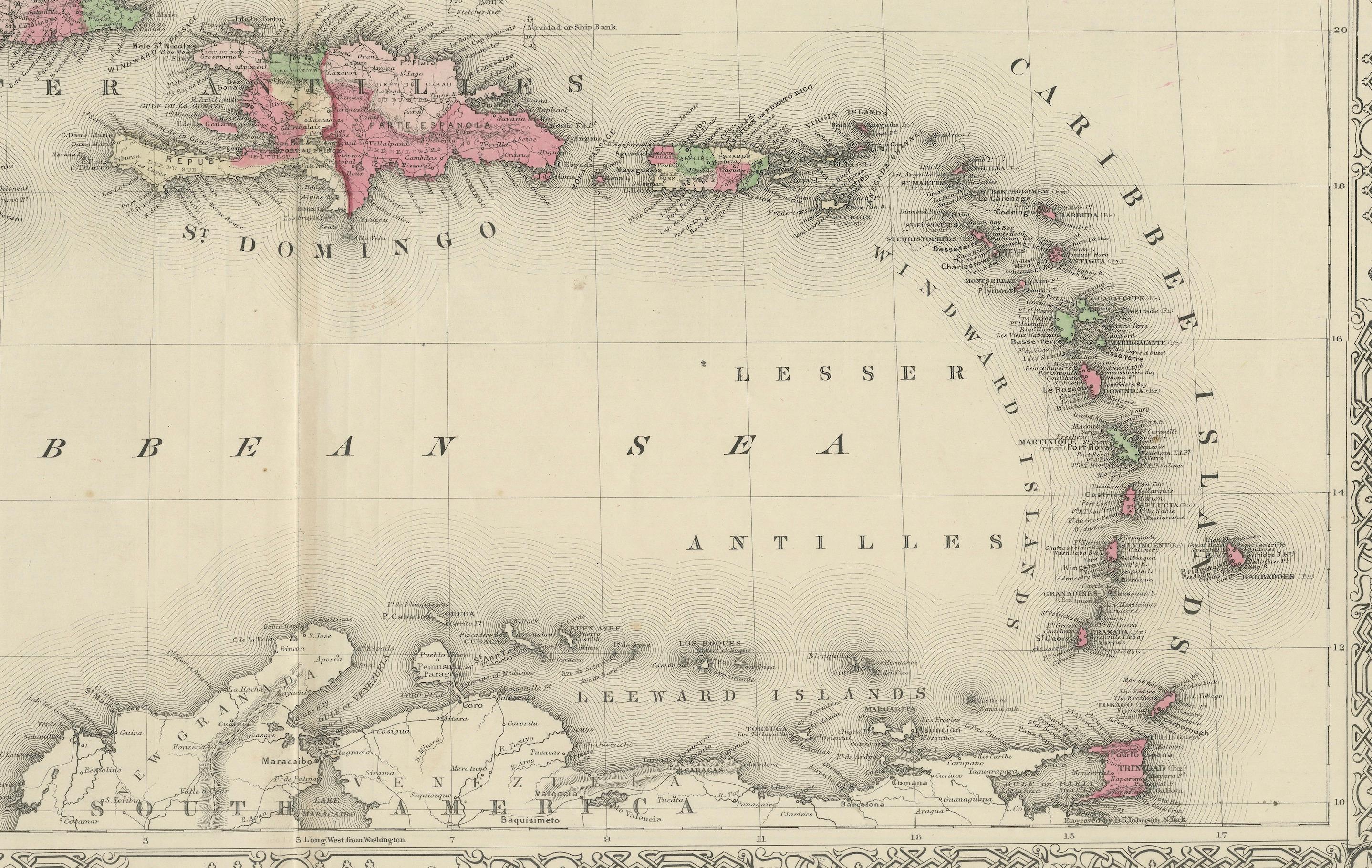 Titolo: Mappa delle Indie Occidentali e delle Bermuda di Johnson del 1864

Descrizione: Questa è una mappa del 1864 intitolata 