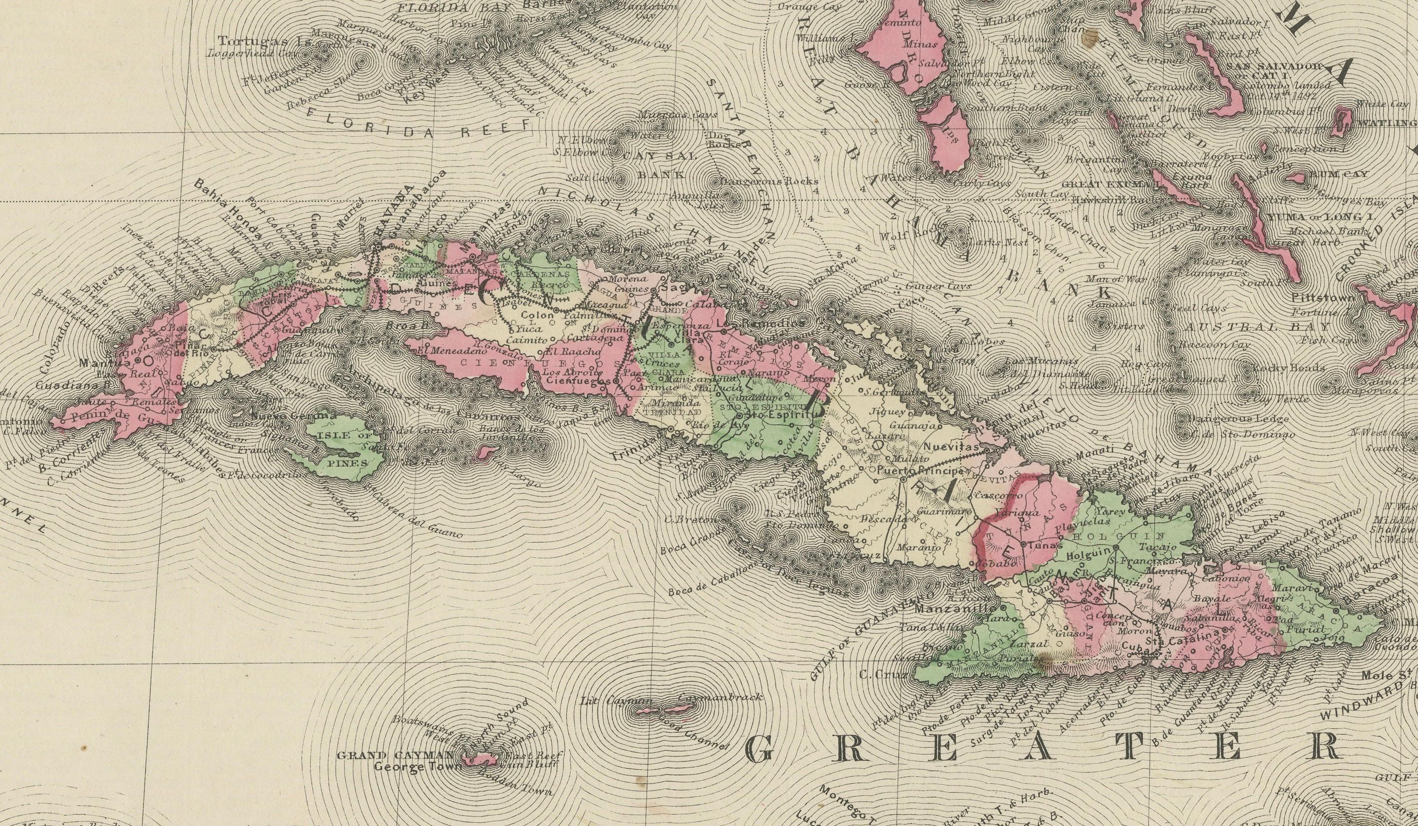 1864 Mappa delle Indie Occidentali e delle Bermuda di Johnson In condizioni buone in vendita a Langweer, NL