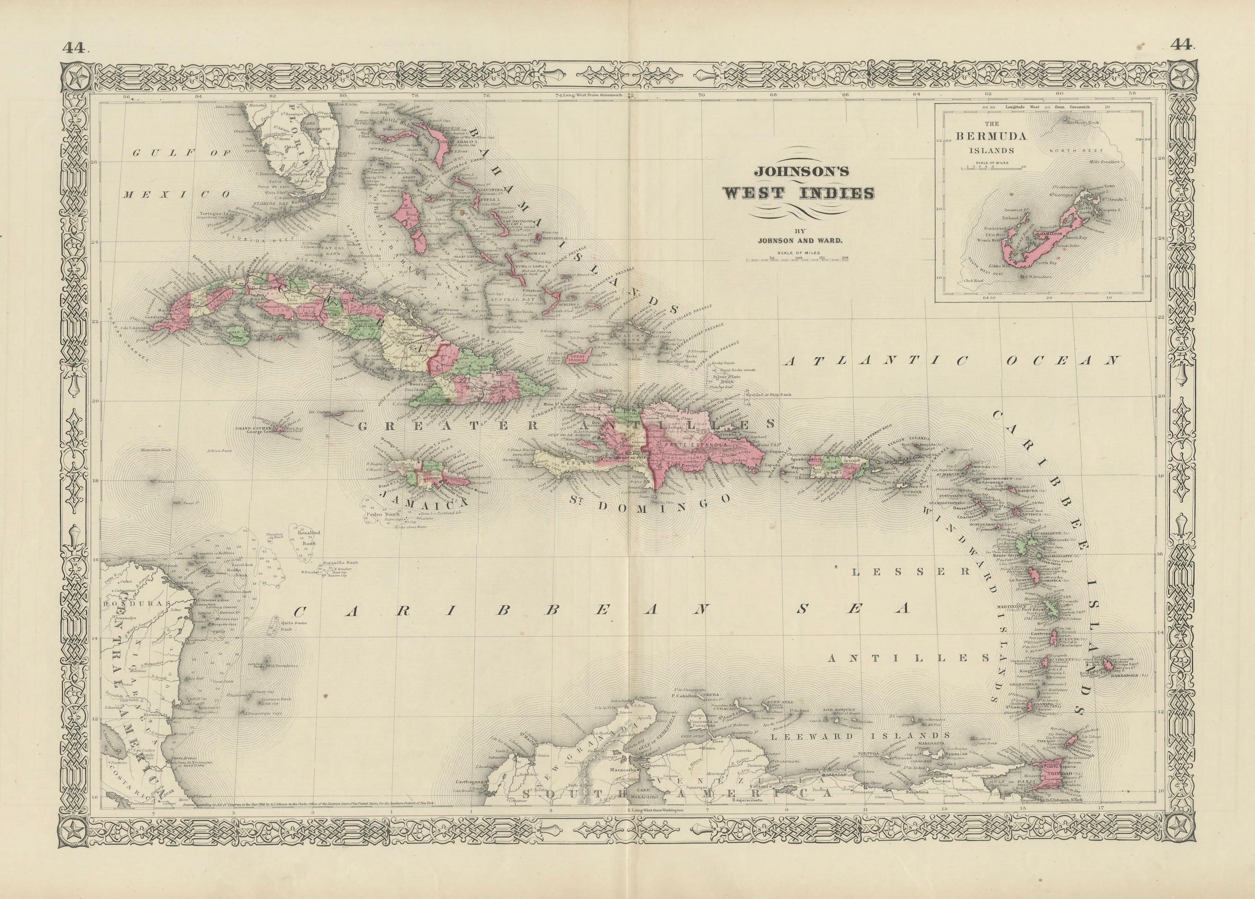 1864 Mappa delle Indie Occidentali e delle Bermuda di Johnson in vendita 1