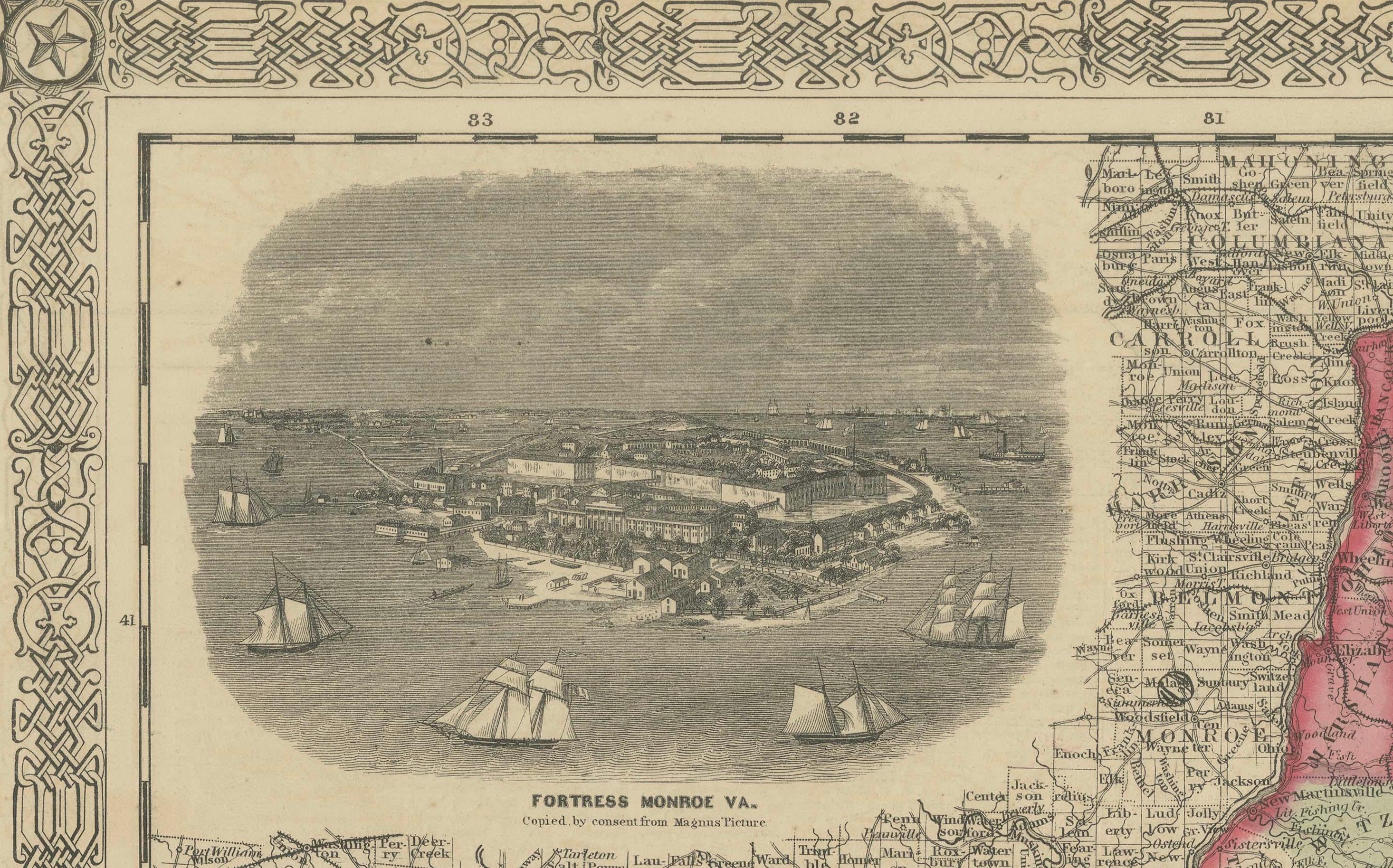 1864 Johnson's Map of Virginia, Delaware, and Maryland with Fort Monroe Inset In Good Condition For Sale In Langweer, NL