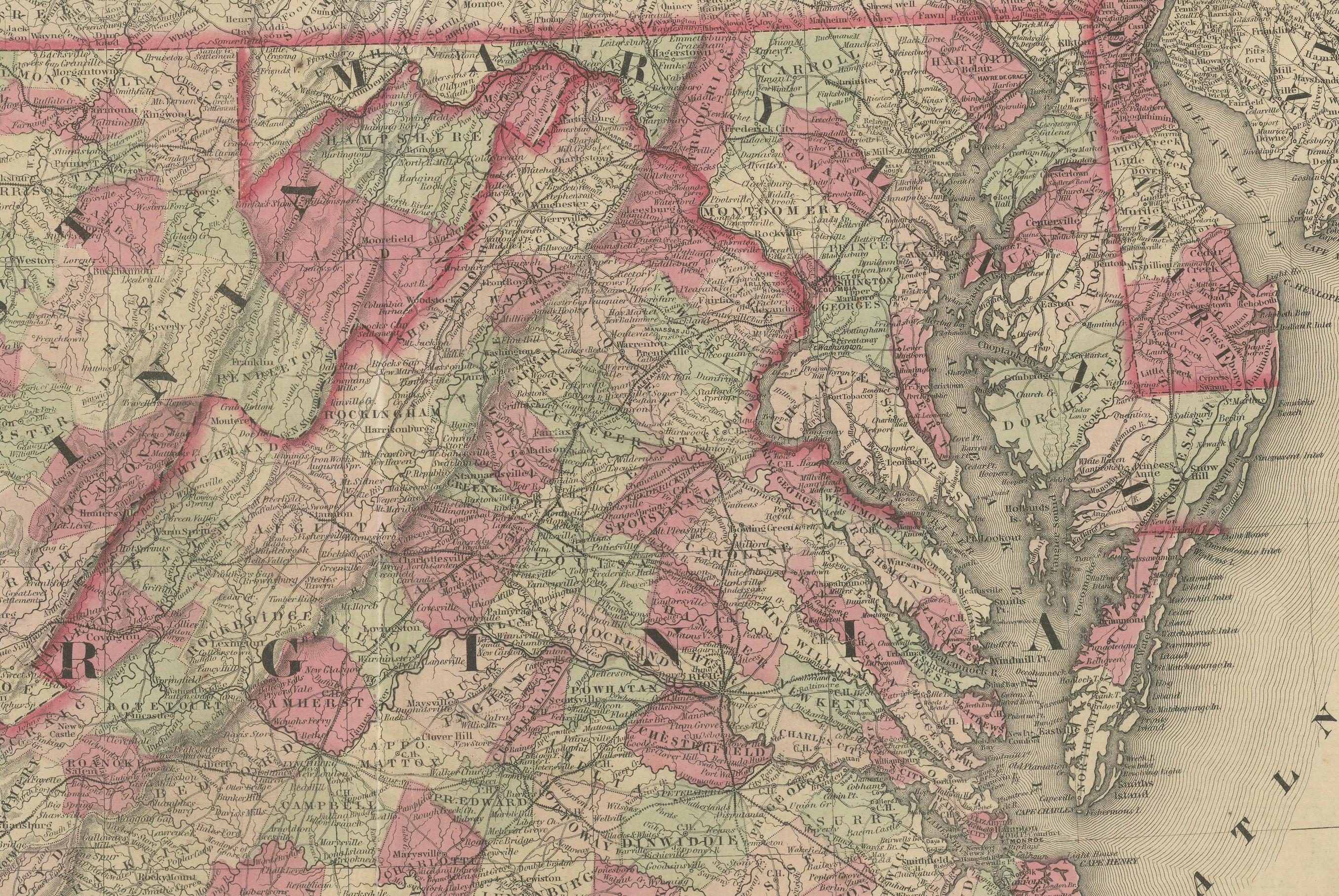 Mid-19th Century 1864 Johnson's Map of Virginia, Delaware, and Maryland with Fort Monroe Inset For Sale