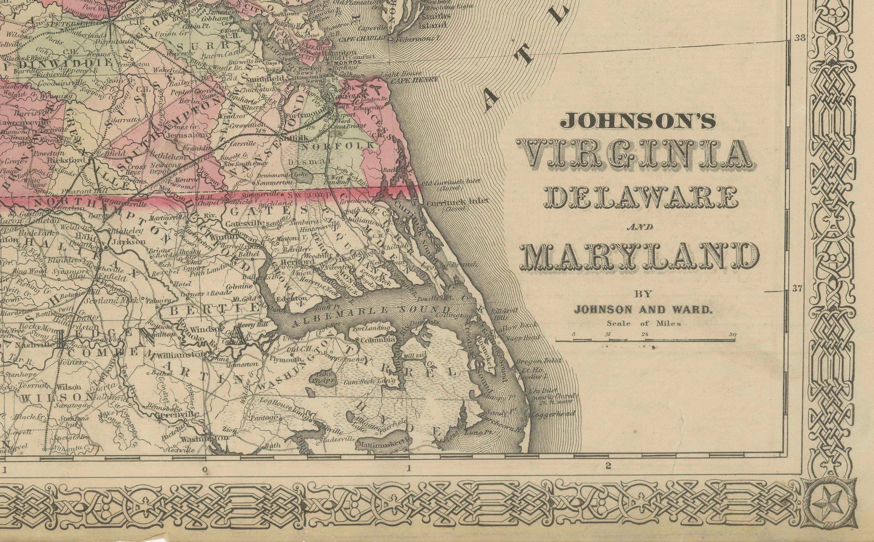 Paper 1864 Johnson's Map of Virginia, Delaware, and Maryland with Fort Monroe Inset For Sale