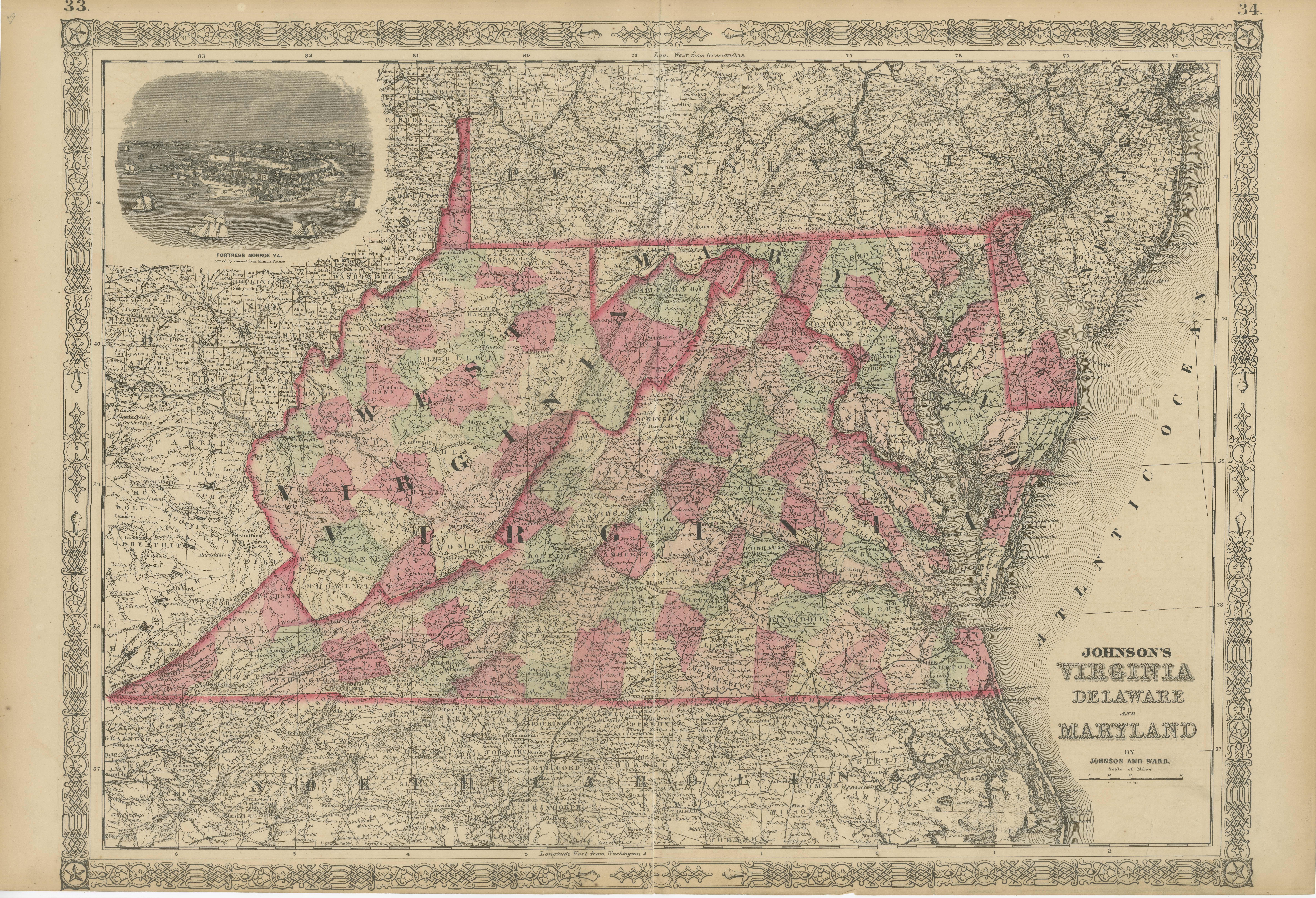 1864 Johnson's Map of Virginia, Delaware, and Maryland with Fort Monroe Inset For Sale