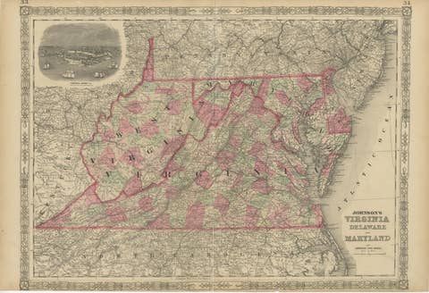 1864 Johnson's Map of Virginia, Delaware, and Maryland with Fort Monroe Inset