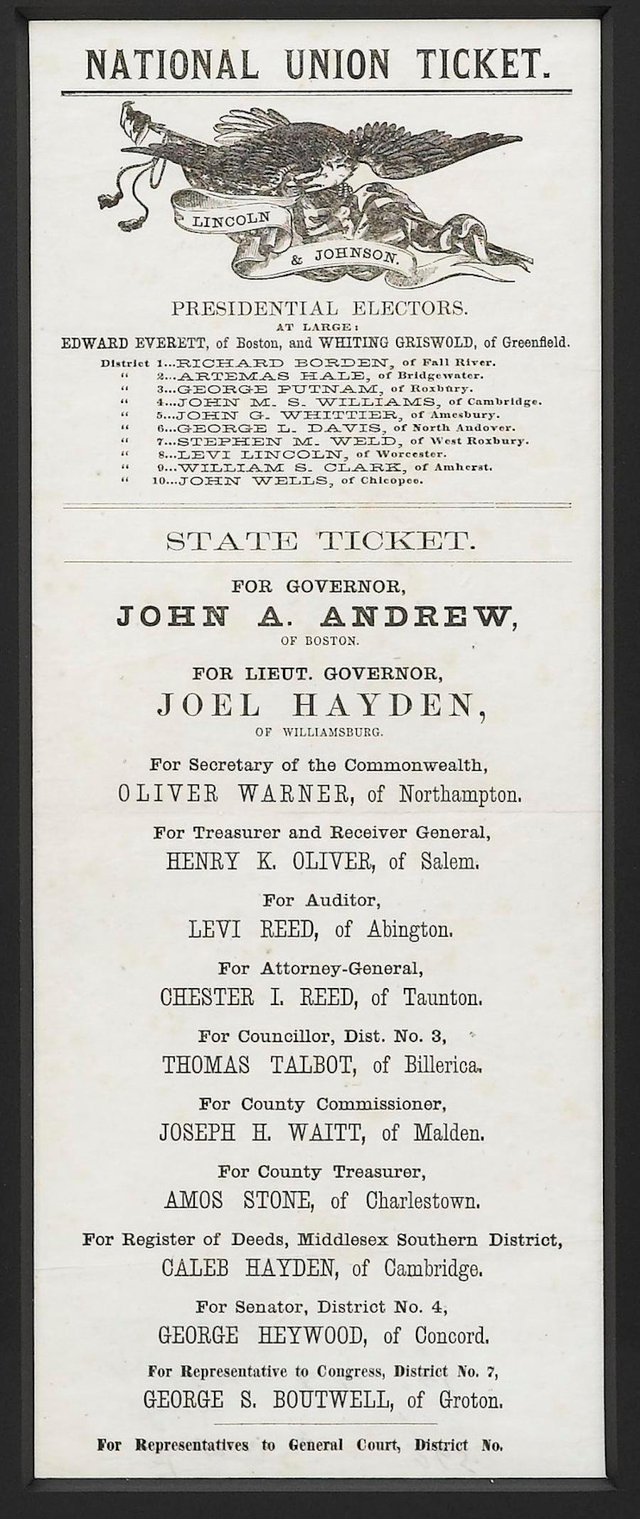 1864 Lincoln & Johnson Boston Union Presidential Ticket (Papier) im Angebot
