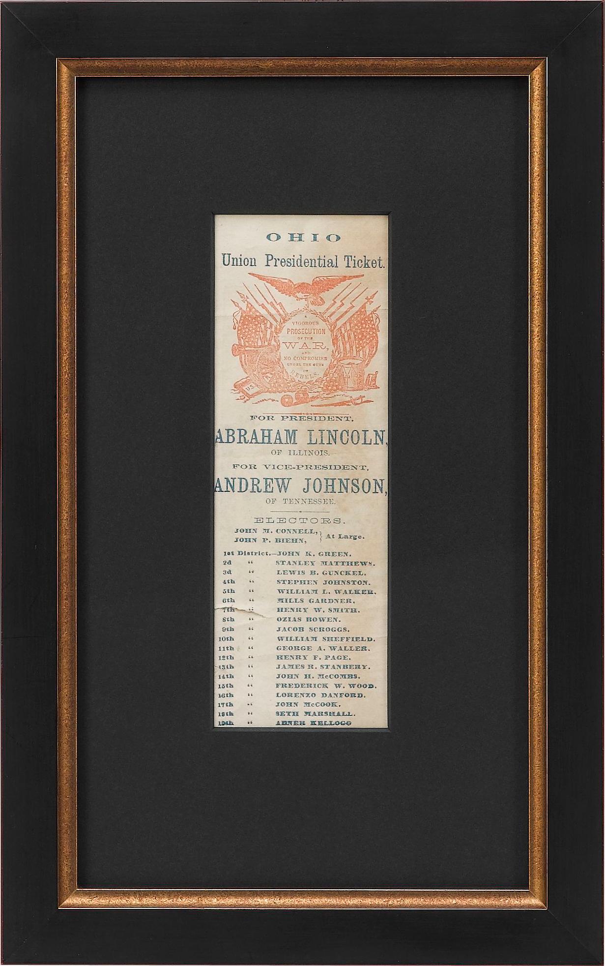 Presented is an original Ohio Union Presidential ticket for the November 8, 1864 election. The paper ticket is printed in orange-red and blue. The front of the ticket reads, 