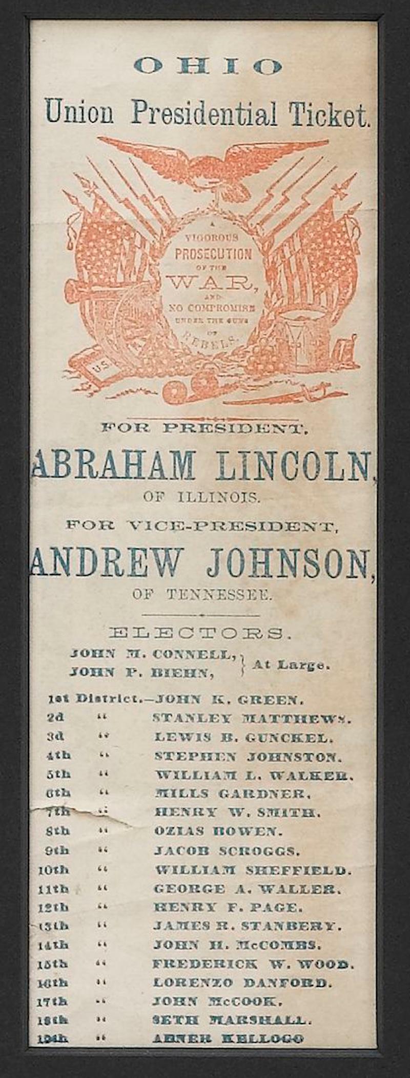 American 1864 Lincoln & Johnson Ohio Union Presidential Ticket