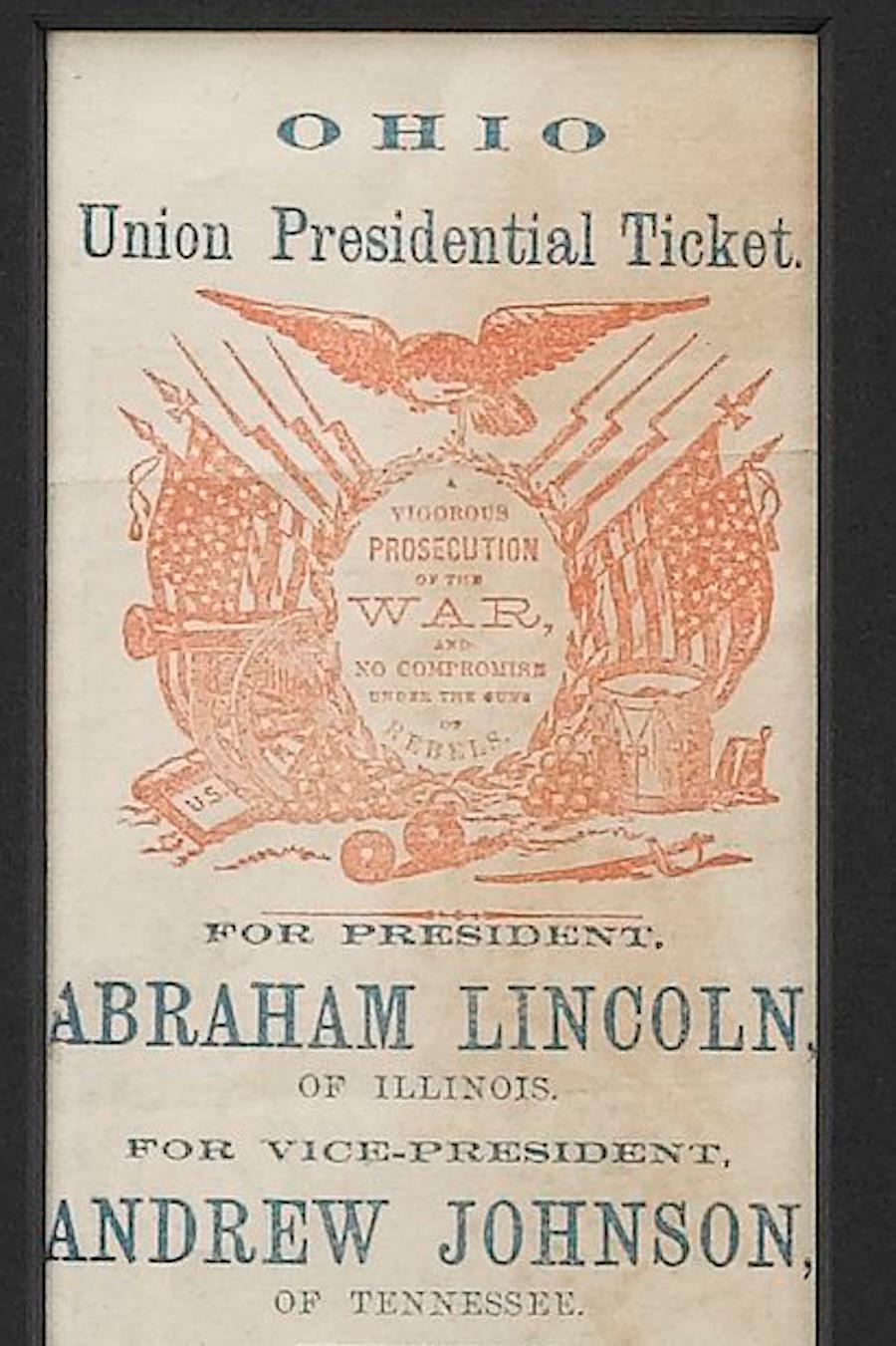 Mid-19th Century 1864 Lincoln & Johnson Ohio Union Presidential Ticket