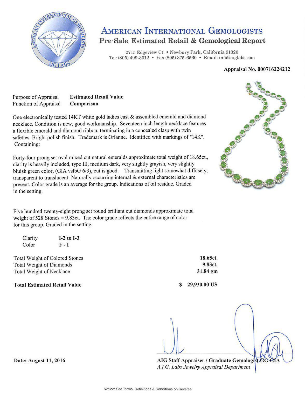 Oval Cut 18.65 Carat Emerald Diamond Necklace For Sale