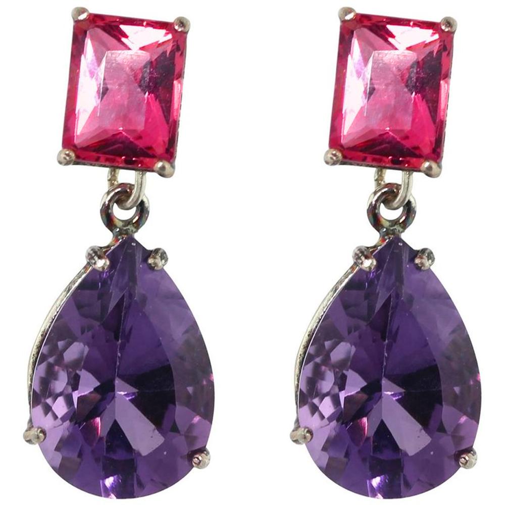 Women's 18.65 Carat of Pink Tourmalines and Amethyst Sterling Silver Stud Earrings