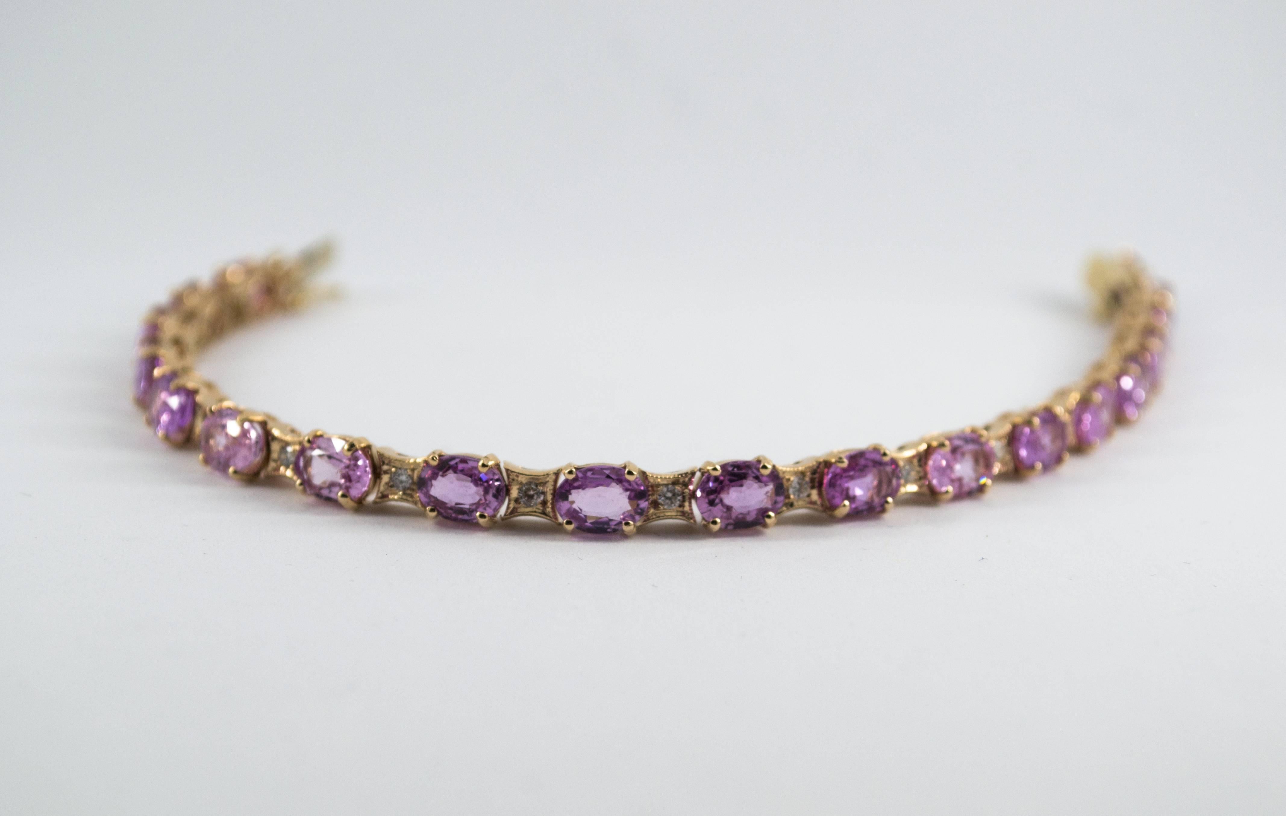 This Bracelet is made of 14K Yellow Gold.
This Bracelet has 0.50 Carats of White Diamonds.
This Bracelet has 18.65 Carats of Pink Sapphires.
We're a workshop so every piece is handmade, customizable and resizable.