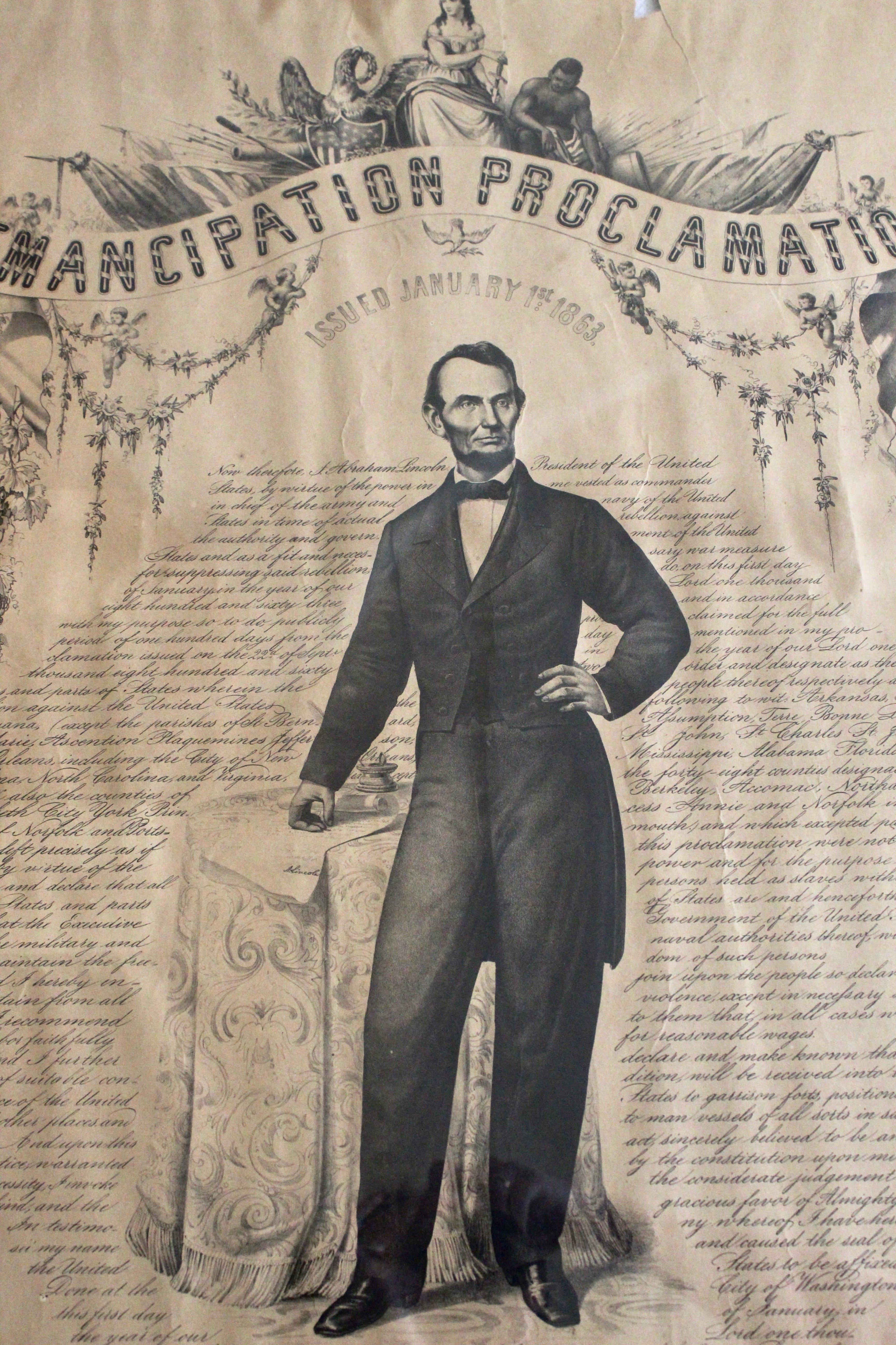 Presented is a lithographic broadside of the text of the Emancipation Proclamation issued on January 1, 1863. This broadside was published in Philadelphia by G.R. Russell, 1865. A full-length portrait of Abraham Lincoln is surrounded by the text of