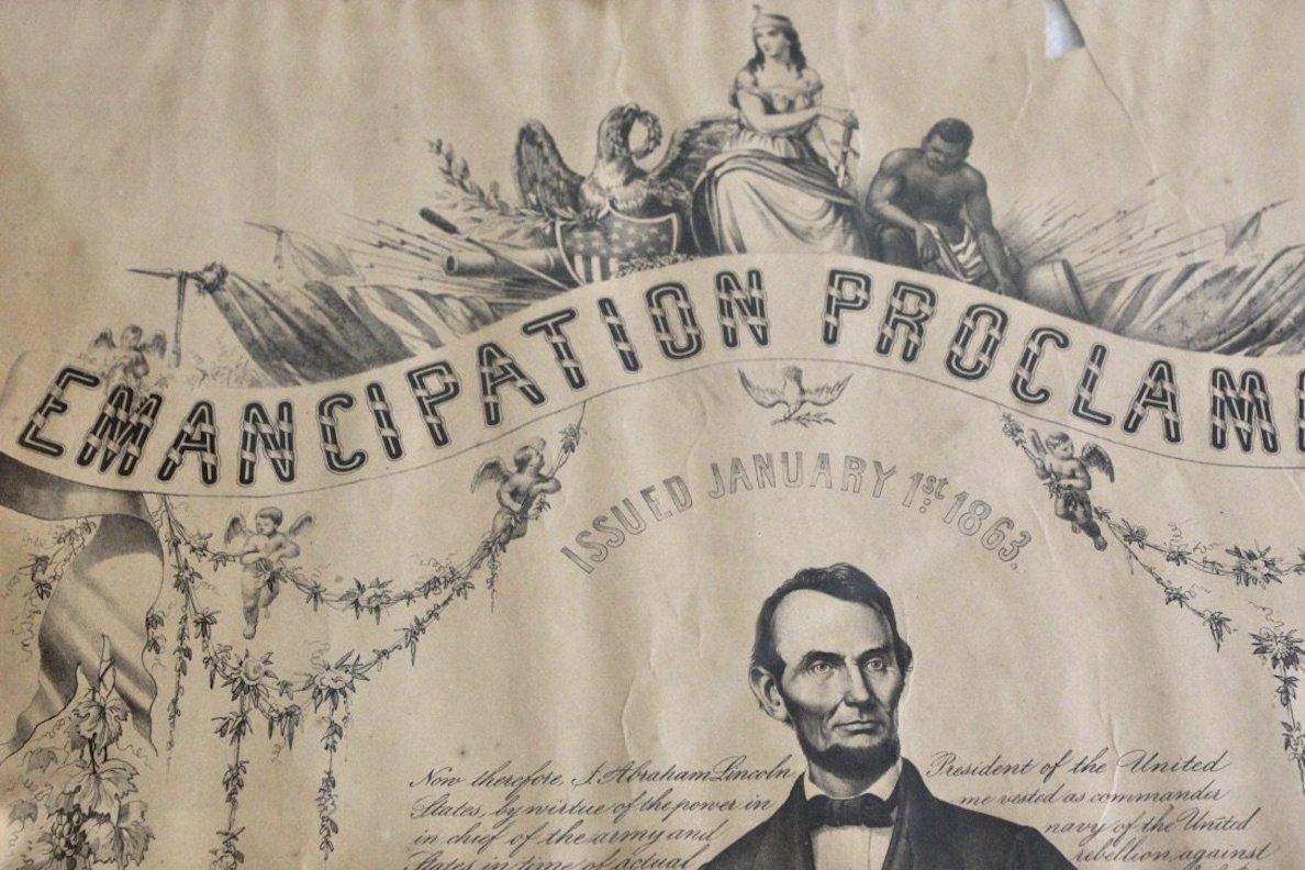 American 1865 Emancipation Proclamation, Antique Lithograph by P.S. Duval and Son For Sale