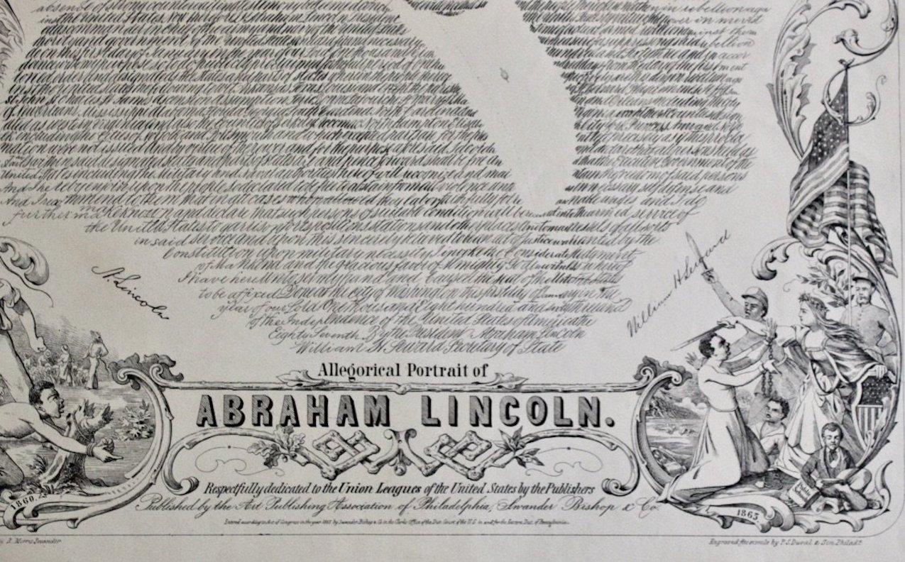 Presented is an elaborate engraved broadside presentation of both the preliminary and final Emancipation Proclamations, dated September 22, 1862 and January 1, 1863.

On September 22, 1862, five days after the Union victory at the Battle of