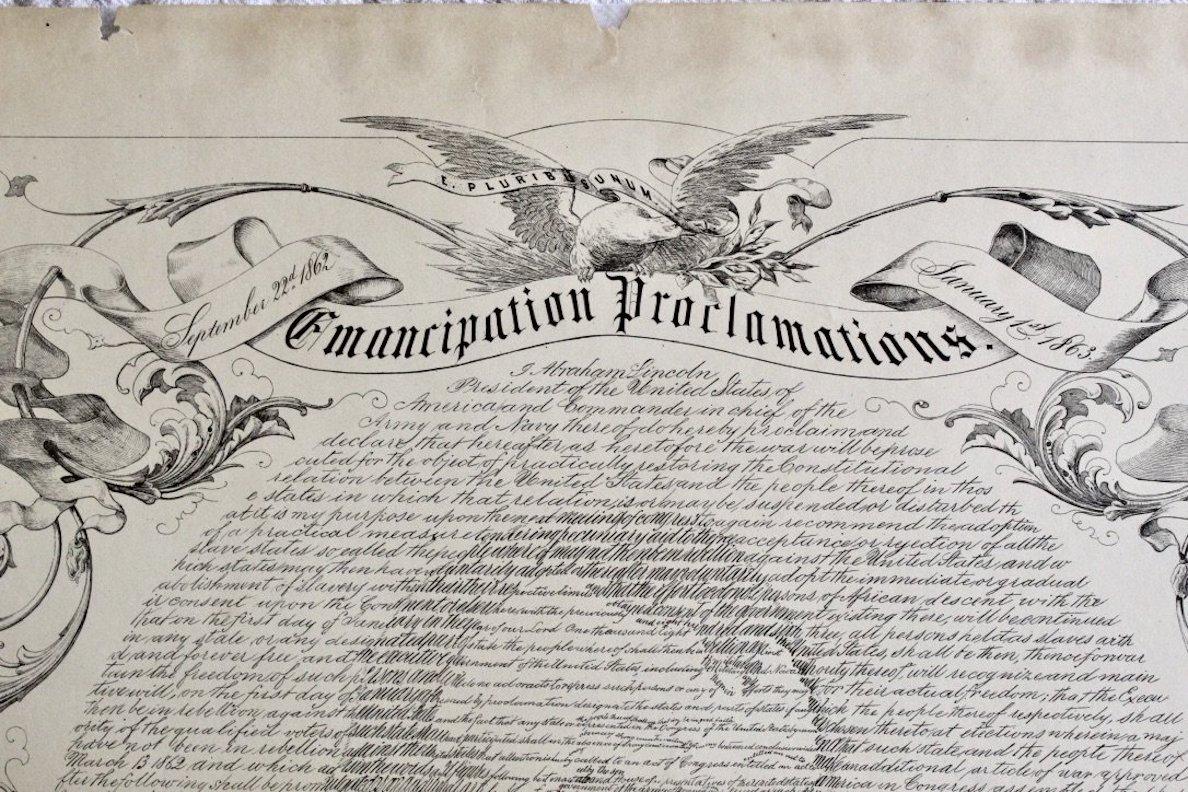 Américain proclamation d'émancipation de 1865 avec portrait d'Abraham Lincoln:: gravure ancienne