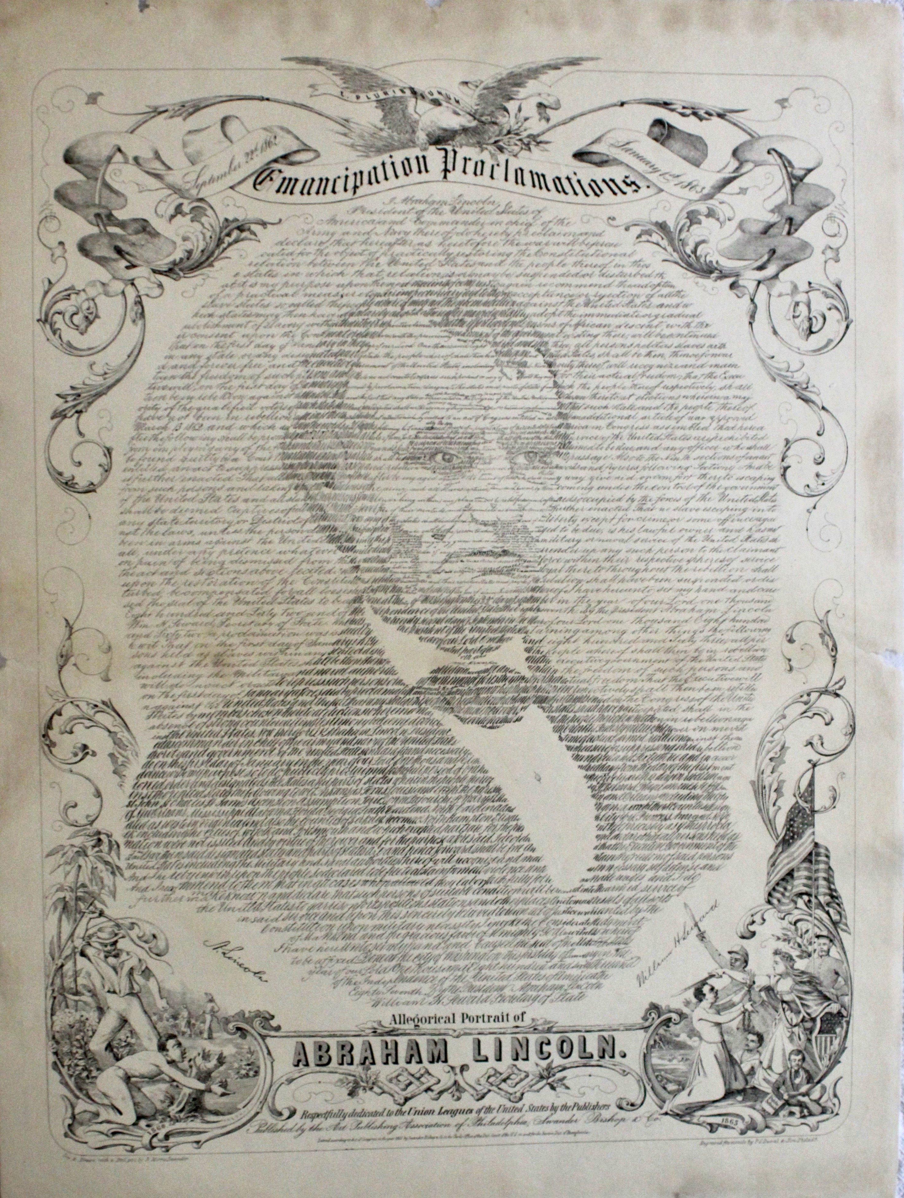 proclamation d'émancipation de 1865 avec portrait d'Abraham Lincoln:: gravure ancienne Bon état à Colorado Springs, CO