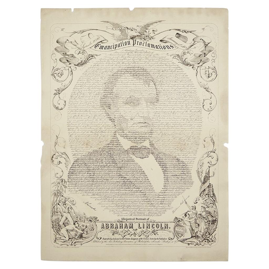 proclamation d'émancipation de 1865 avec portrait d'Abraham Lincoln:: gravure ancienne