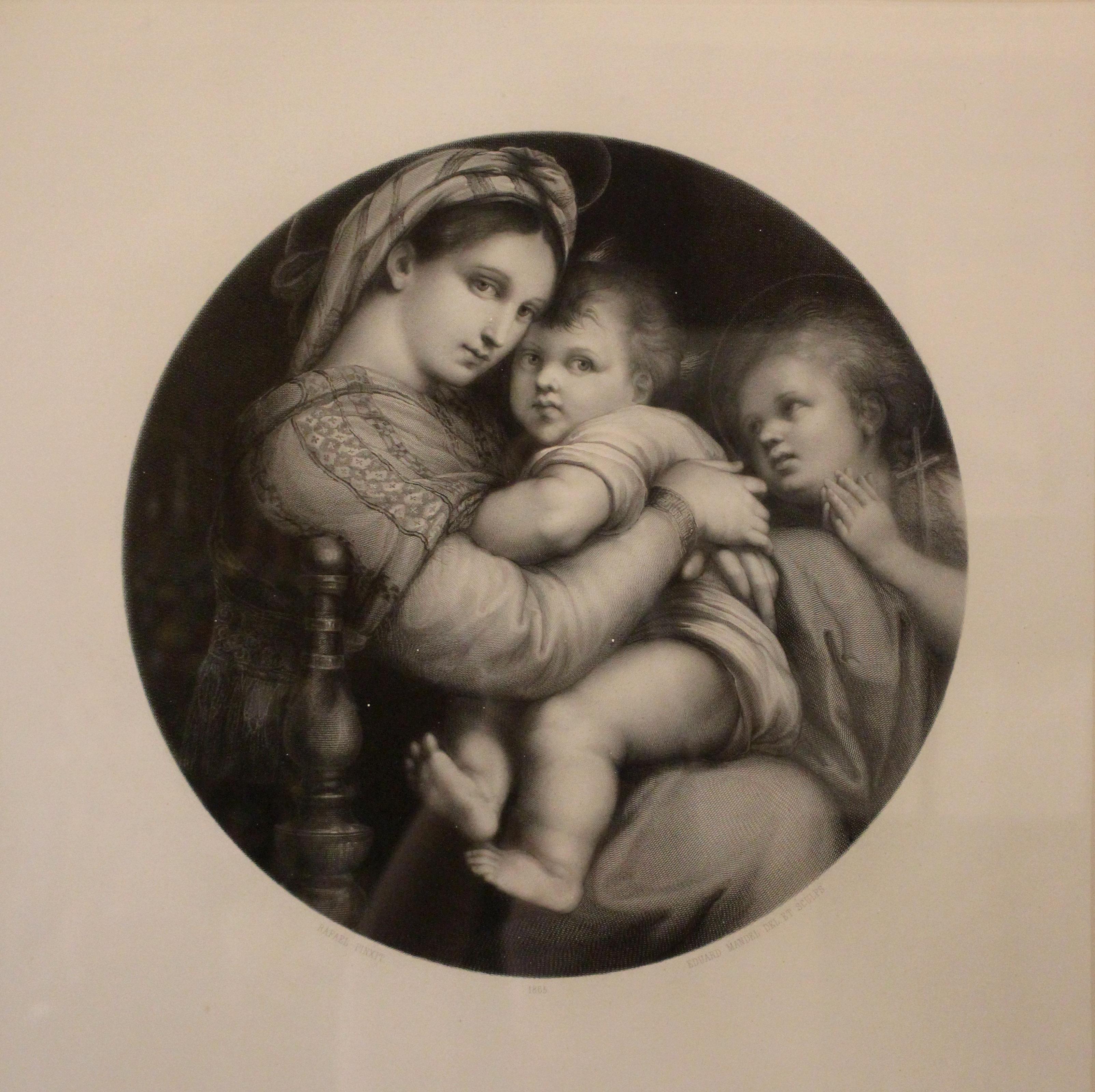 Lithographie de 1865 d'Eduard Mandel représentant la Madone de la Seggiola de Raphael. À côté de la Vierge et de l'Enfant, assis, se trouve le jeune Jean-Baptiste. Johann August Eduard Mandel, allemand, 1810-1882, voir National Gallery, etc. Non