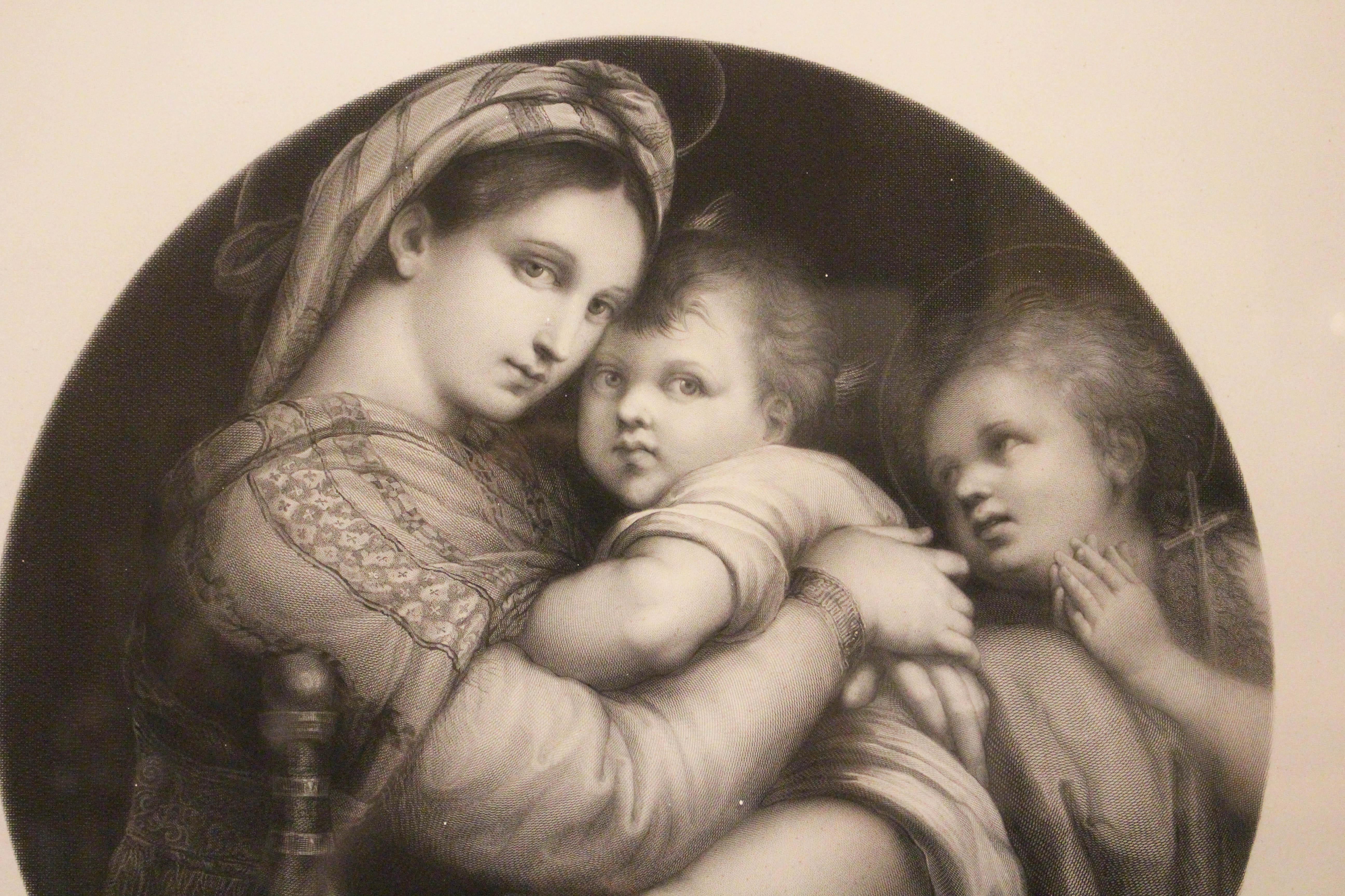 Milieu du XIXe siècle 1865 Lithographie allemande d'Eduard Mandel de la Madone de Seggiola de Raphael en vente
