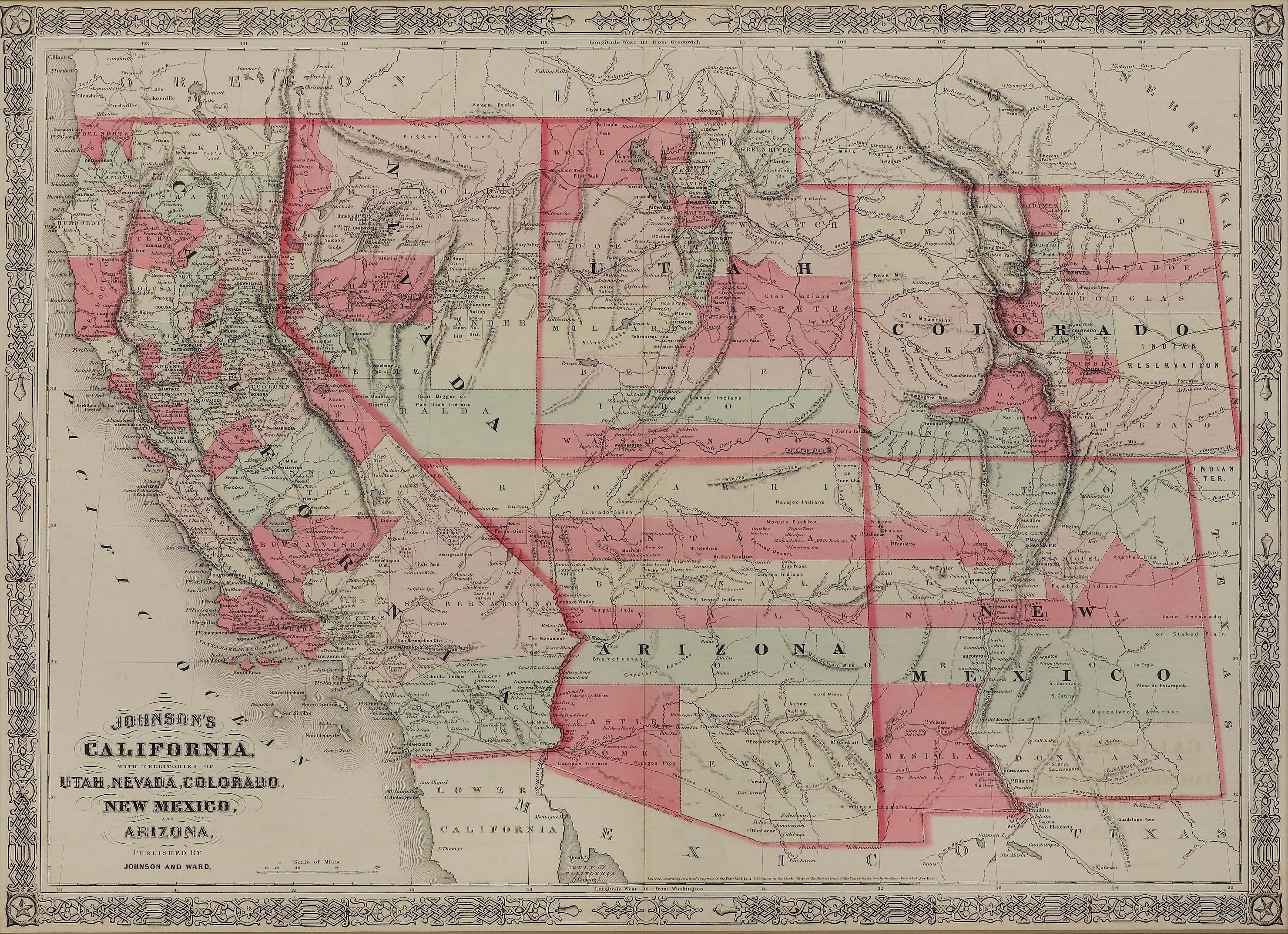 1865 „Johnson's California, Utah, Nevada, Colorado, New Mexico, Arizona“ Karte im Zustand „Gut“ im Angebot in Colorado Springs, CO