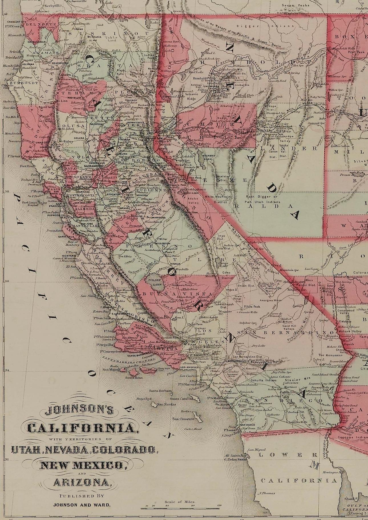 1865 „Johnson's California, Utah, Nevada, Colorado, New Mexico, Arizona“ Karte (19. Jahrhundert) im Angebot