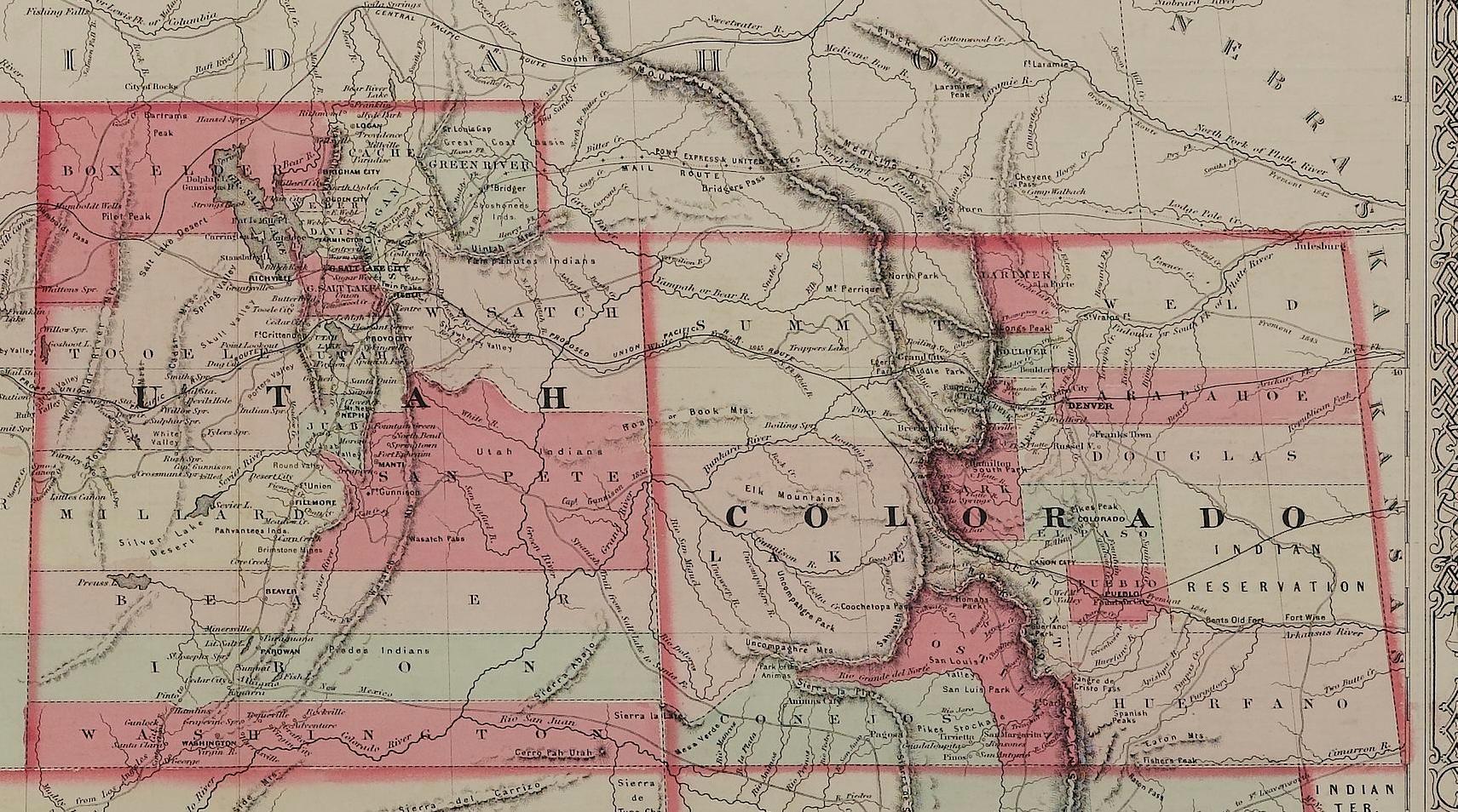 1865 „Johnson's California, Utah, Nevada, Colorado, New Mexico, Arizona“ Karte (Papier) im Angebot