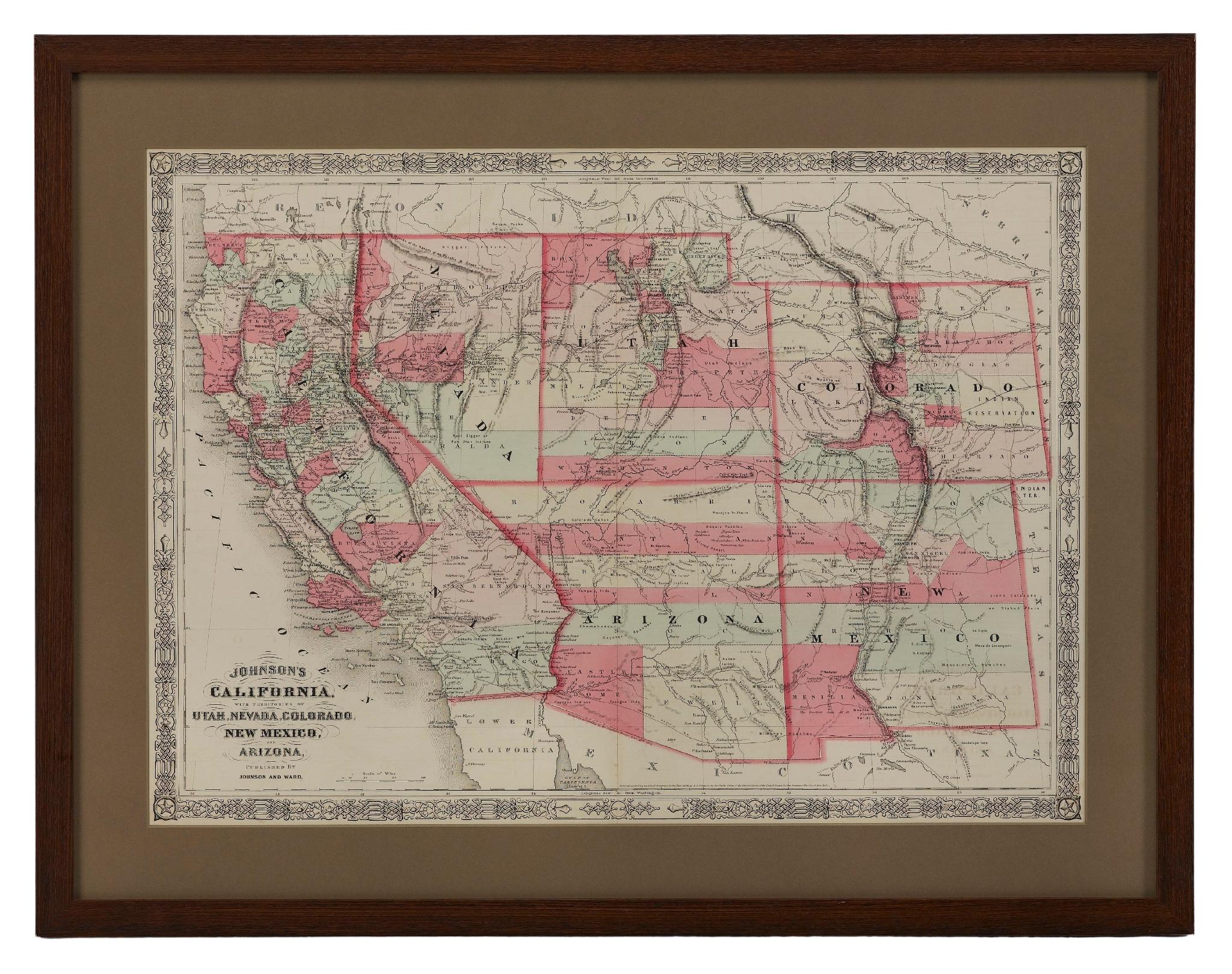 1865 „Johnson's California, Utah, Nevada, Colorado, New Mexico, Arizona“ Karte im Angebot 2