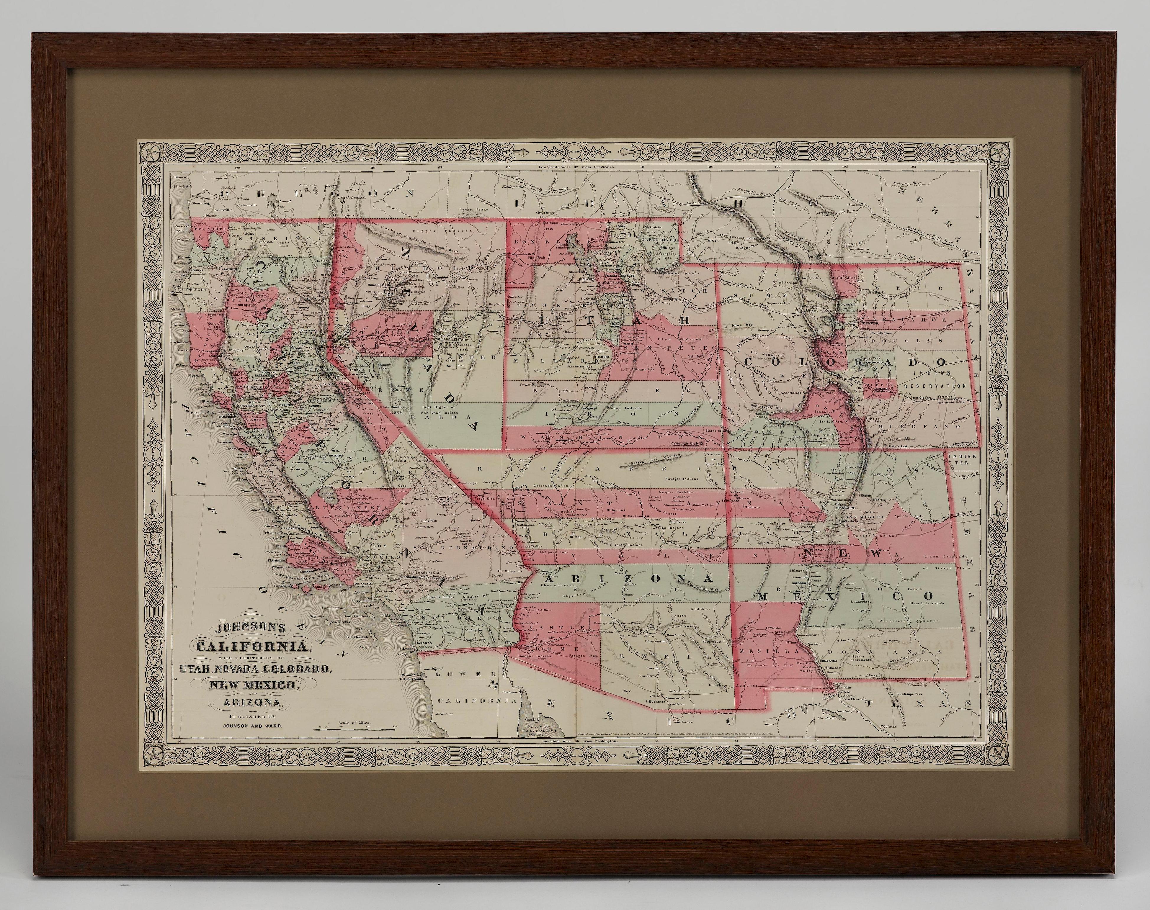 1865 „Johnson's California, Utah, Nevada, Colorado, New Mexico, Arizona“ Karte im Angebot 3