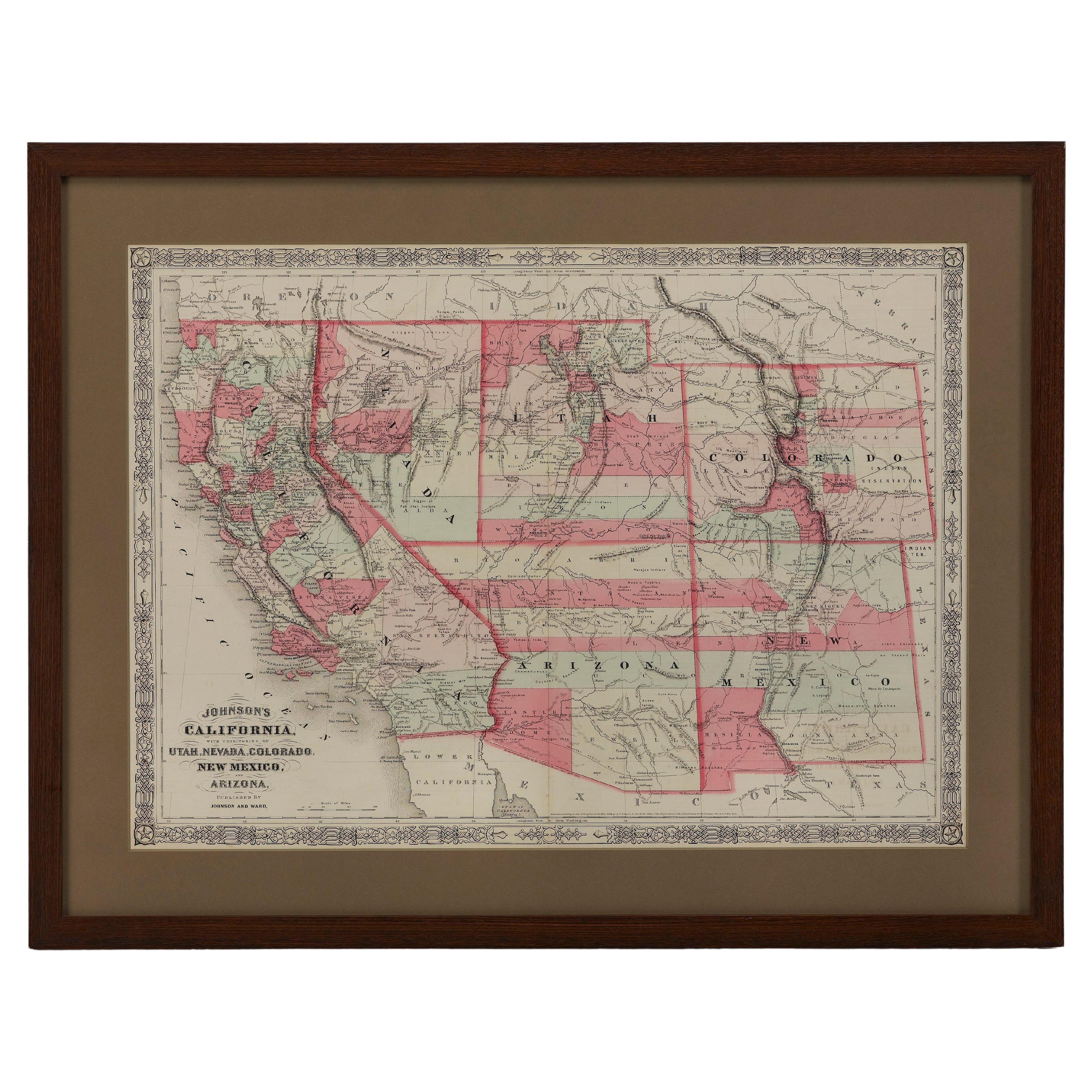 1865 Carte de la Californie, de l'Utah, du Nevada, du Colorado, du Nouveau-Mexique et de l'Arizona (Johnson's California, Utah, Nevada, Colorado, New Mexico, Arizona)