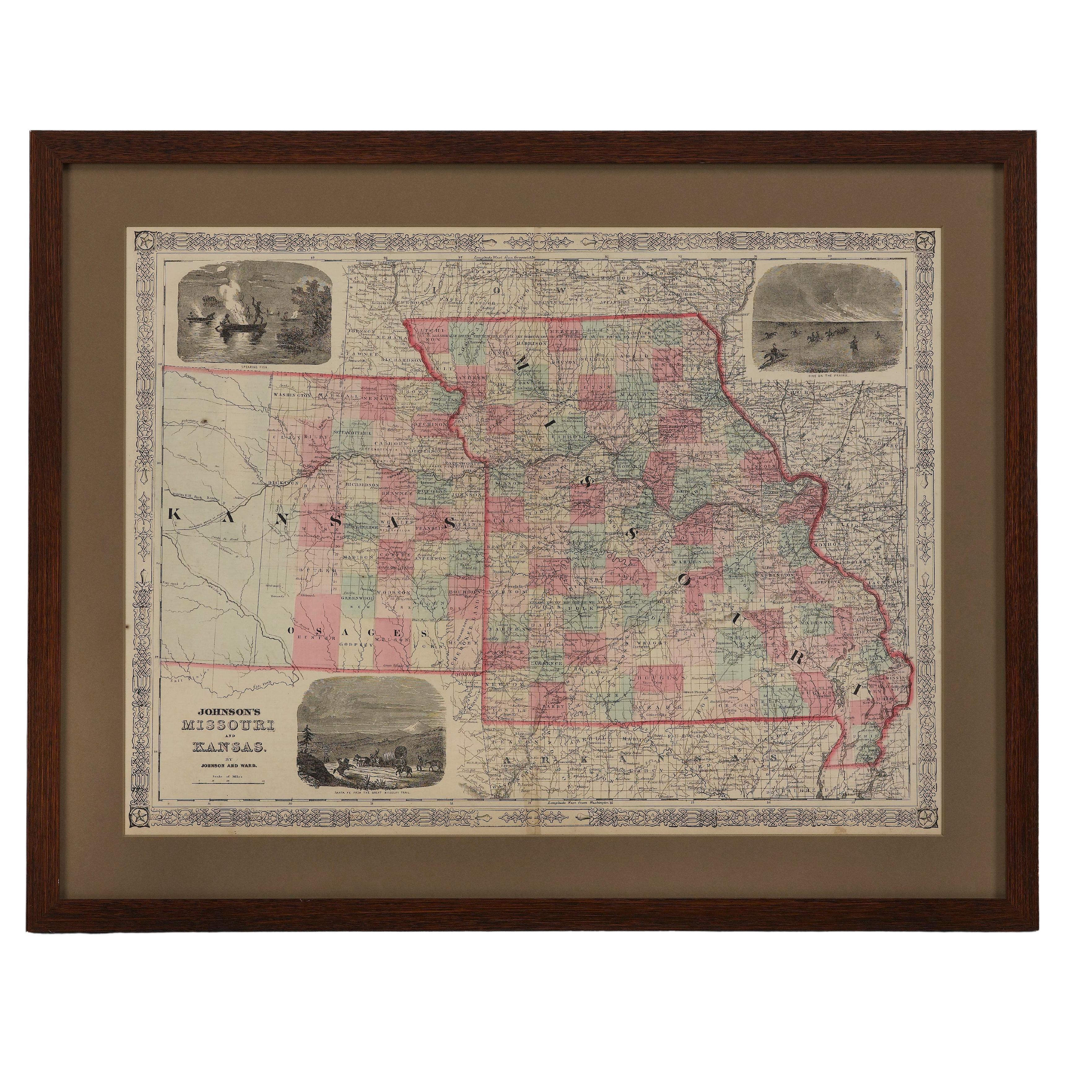 1865 „Johnson's Missouri and Kansas“ Karte von Johnson und Ward