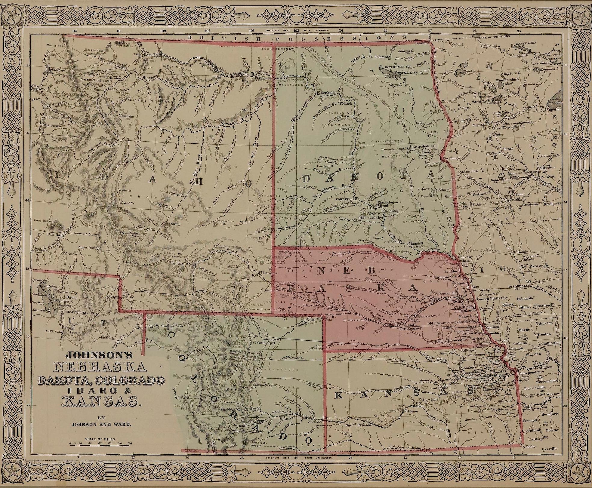 1865 „Johnson's Nebraska, Dakota, Colorado, Idaho & Kansas“ Karte, Johnson & Ward im Zustand „Gut“ im Angebot in Colorado Springs, CO