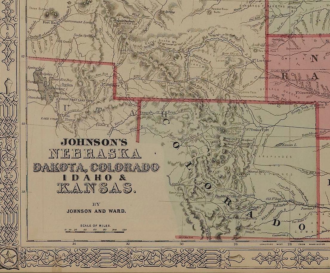 1865 „Johnson's Nebraska, Dakota, Colorado, Idaho & Kansas“ Karte, Johnson & Ward (19. Jahrhundert) im Angebot