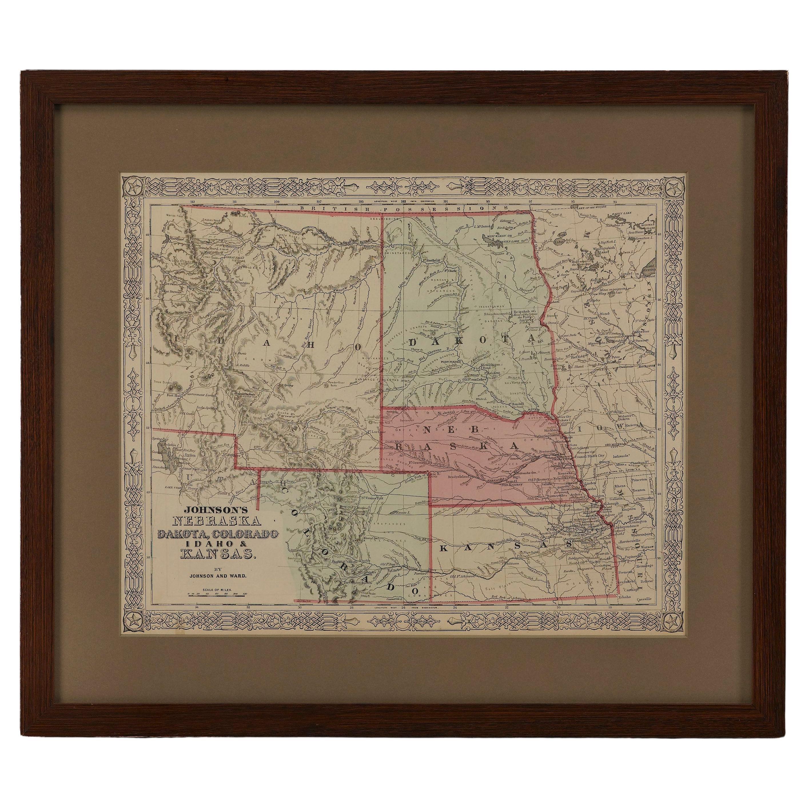 1865 "Johnson's Nebraska, Dakota, Colorado, Idaho & Kansas" Map, Johnson & Ward For Sale