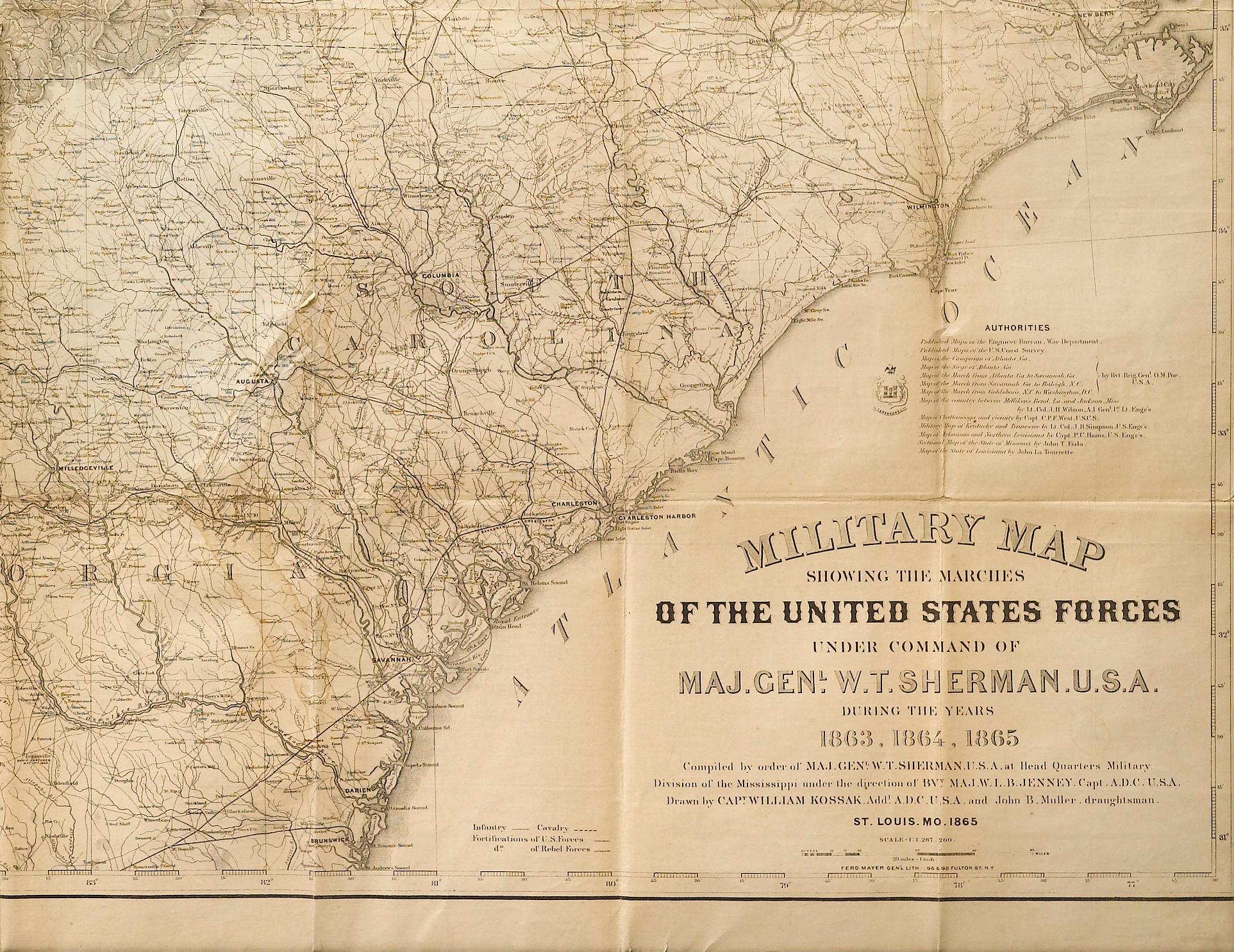 This is an 1865 issue of “Military Map Showing the Marches of the United States Forces under the Command of Maj. Gen. W.T. Sherman” which covers the years of 1863, 1864, and1865. Engraved at Head Qrs., Corps of Engineers, by H. C. Evans & F.