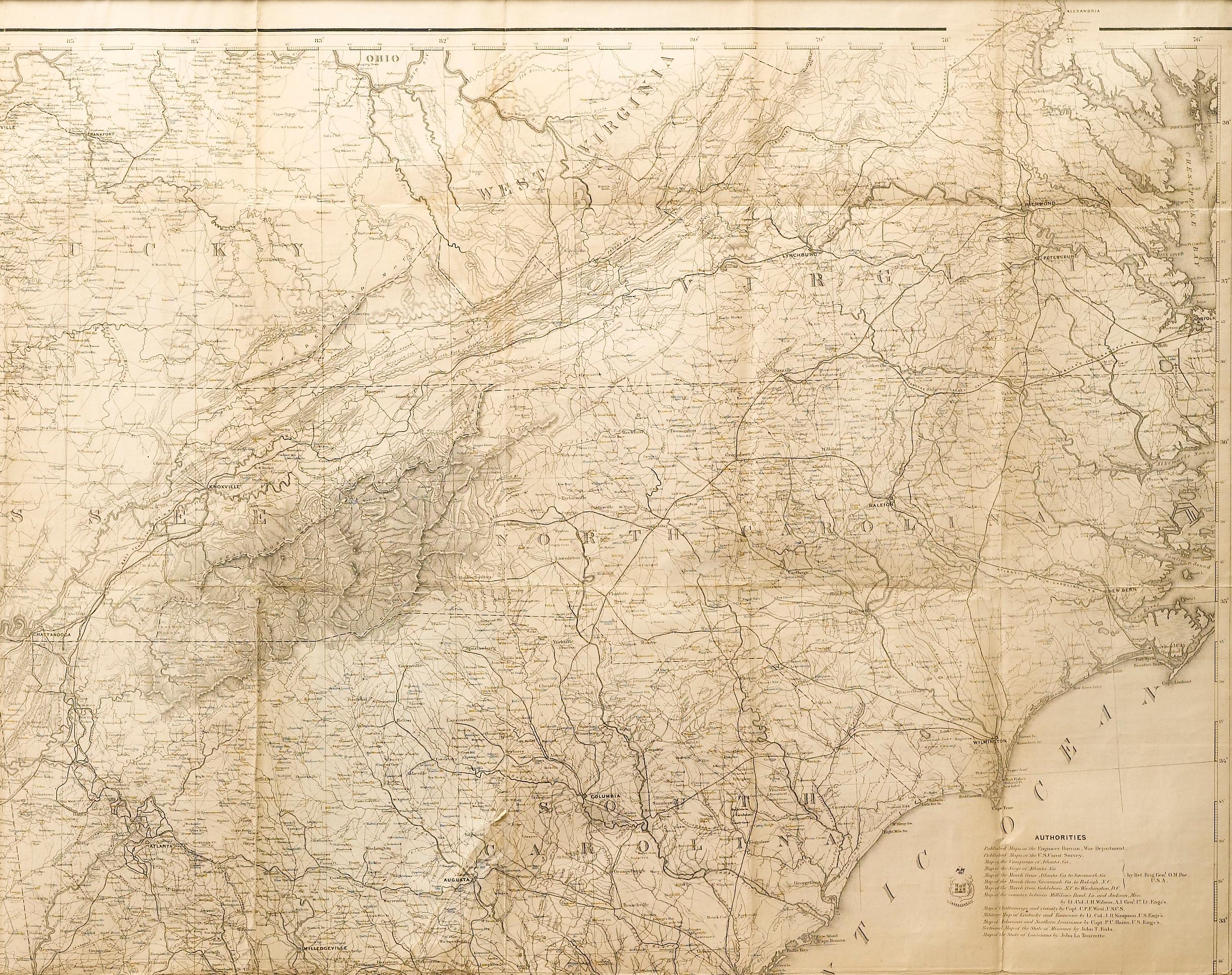 American 1865 Military Map Showing the Marches of the U.S. Forces under W. T. Sherman