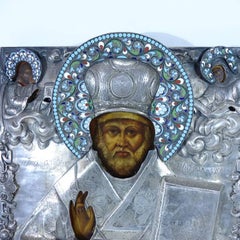 1865 Russian Icon Faberge School "St. Nicholas" with Silver Riza and Enamels