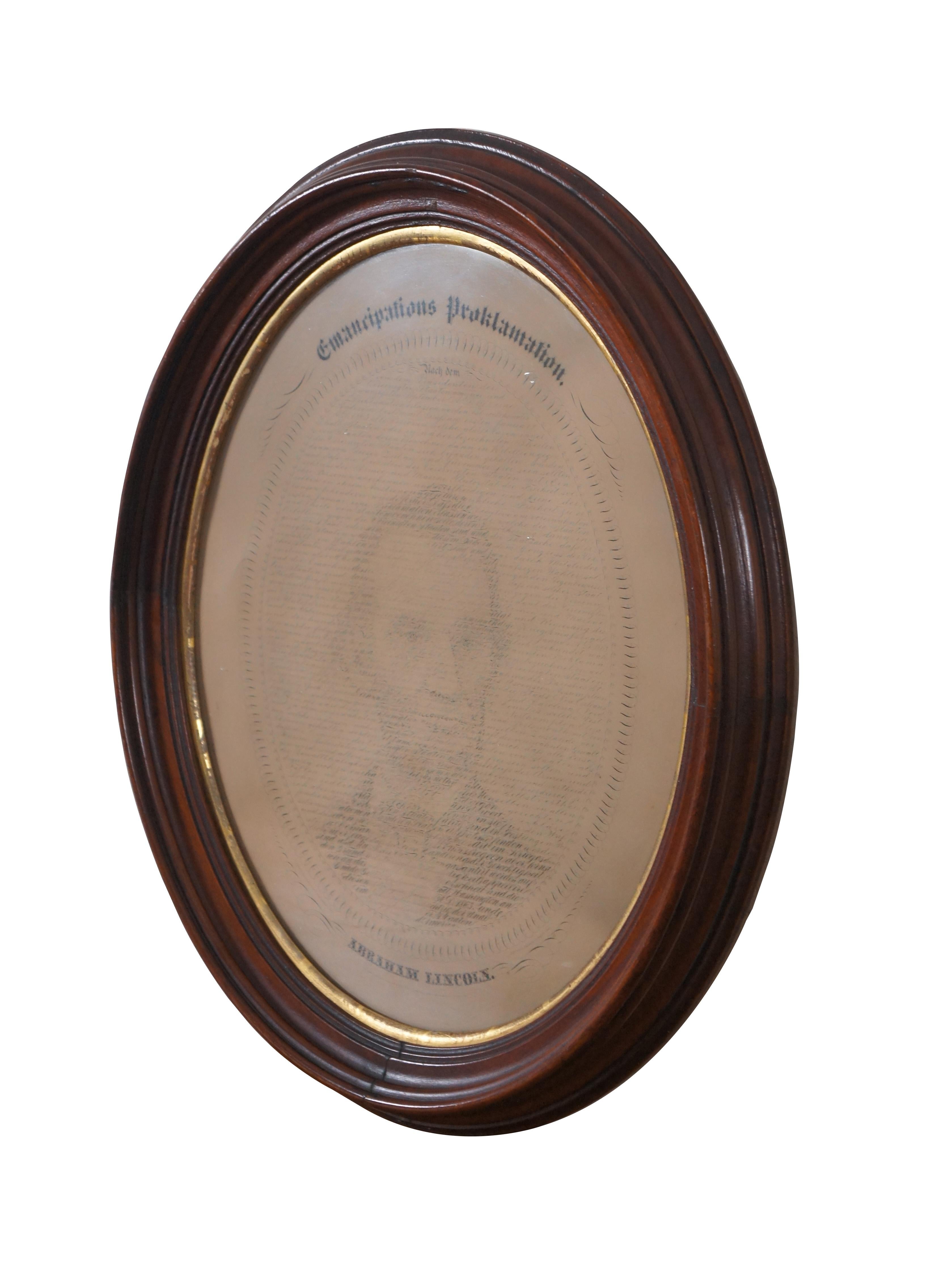 Antique 1865 German language version of W.H. Pratt’s calligraphic portrait of U.S. President Abraham Lincoln within the text of the 1863 Emancipation Proclamation. Drawn and Written by W.H. Pratt, Davenport, Iowa. Lithographed by A. Hugebock,