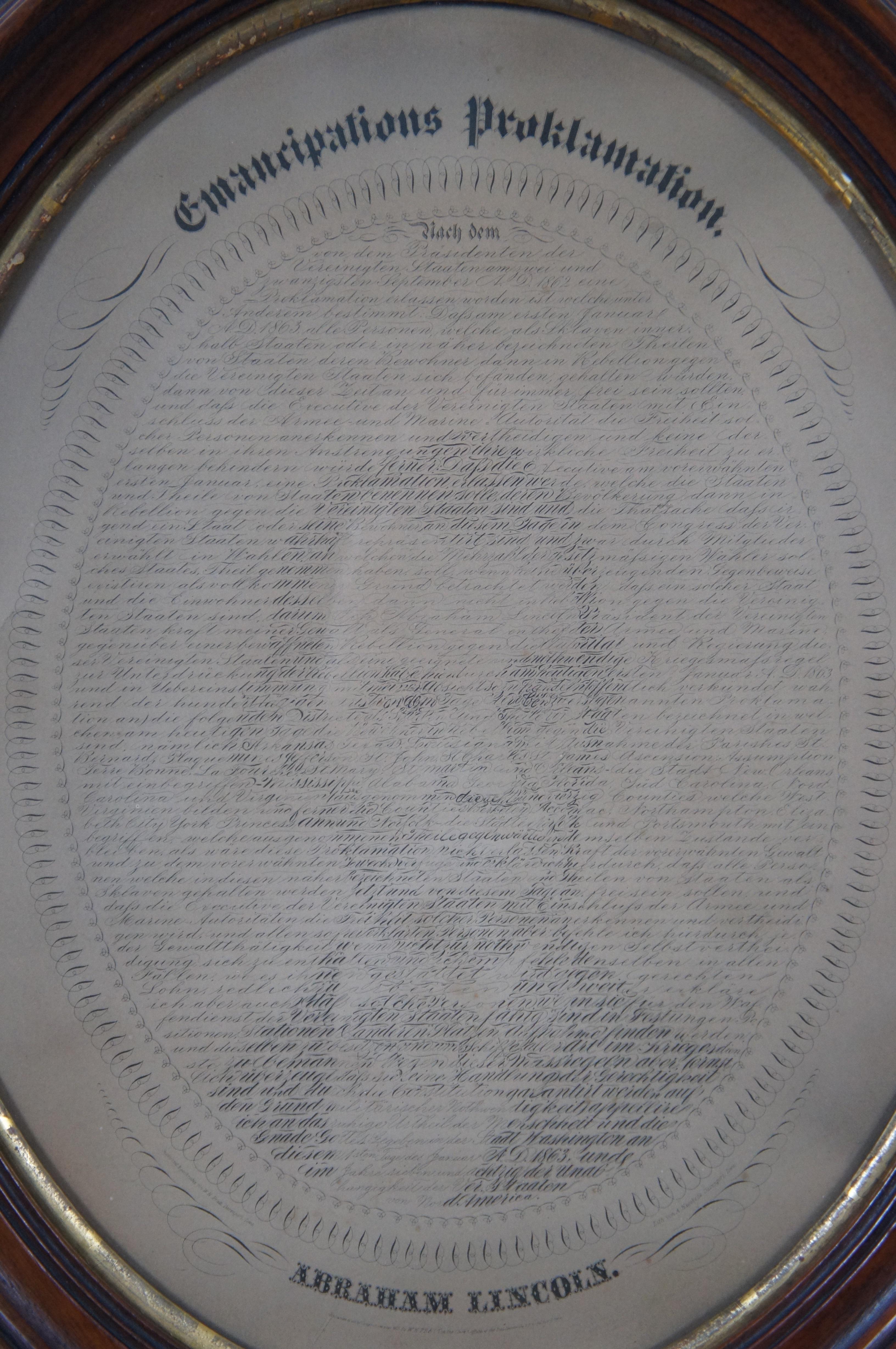 Victorian 1865 W.H. Pratt German Calligraphic Emancipation Proclamation Lincoln Portrait  For Sale