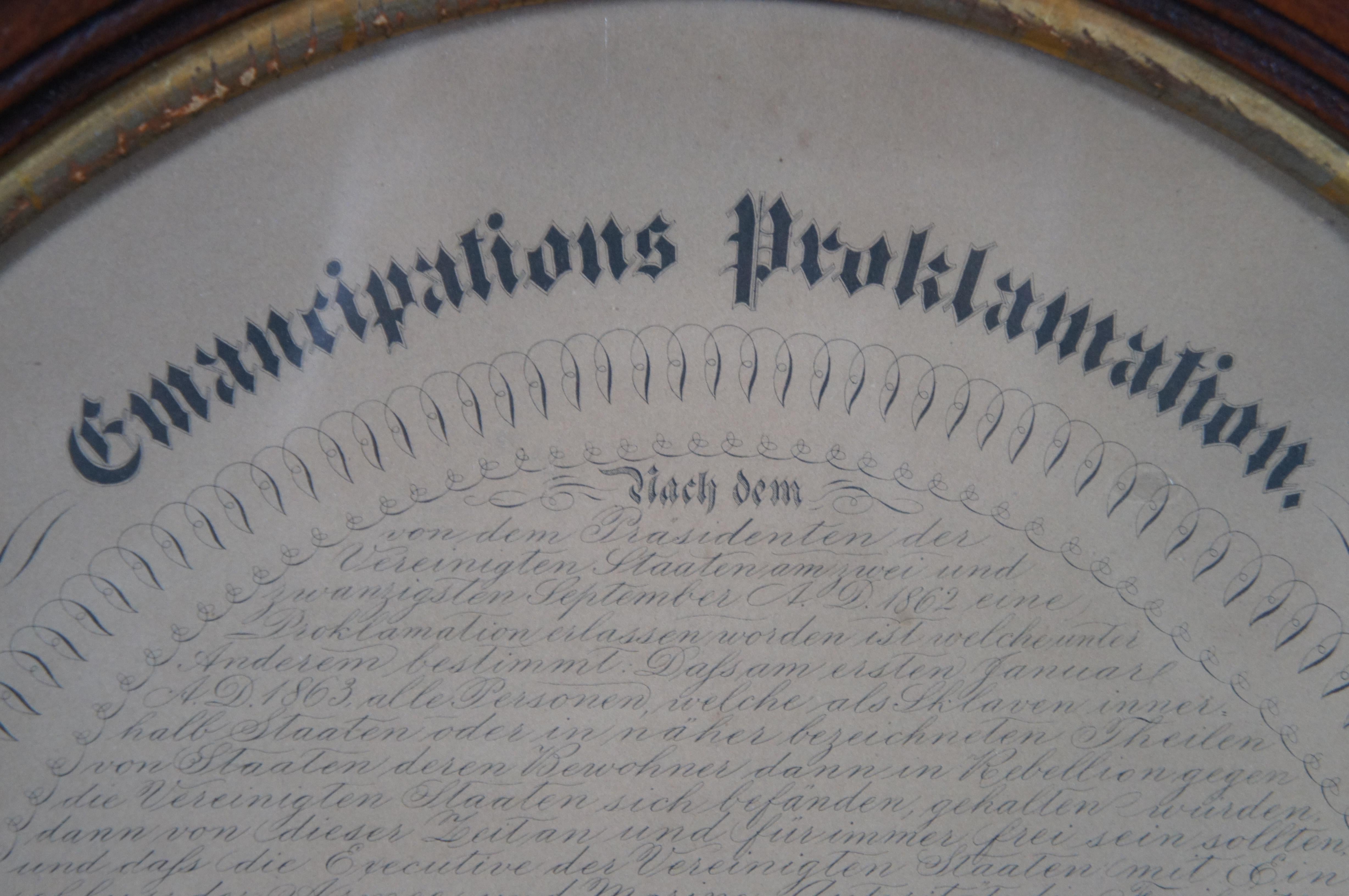 1865 W.H. Pratt German Calligraphic Emancipation Proclamation Lincoln Portrait  In Good Condition For Sale In Dayton, OH