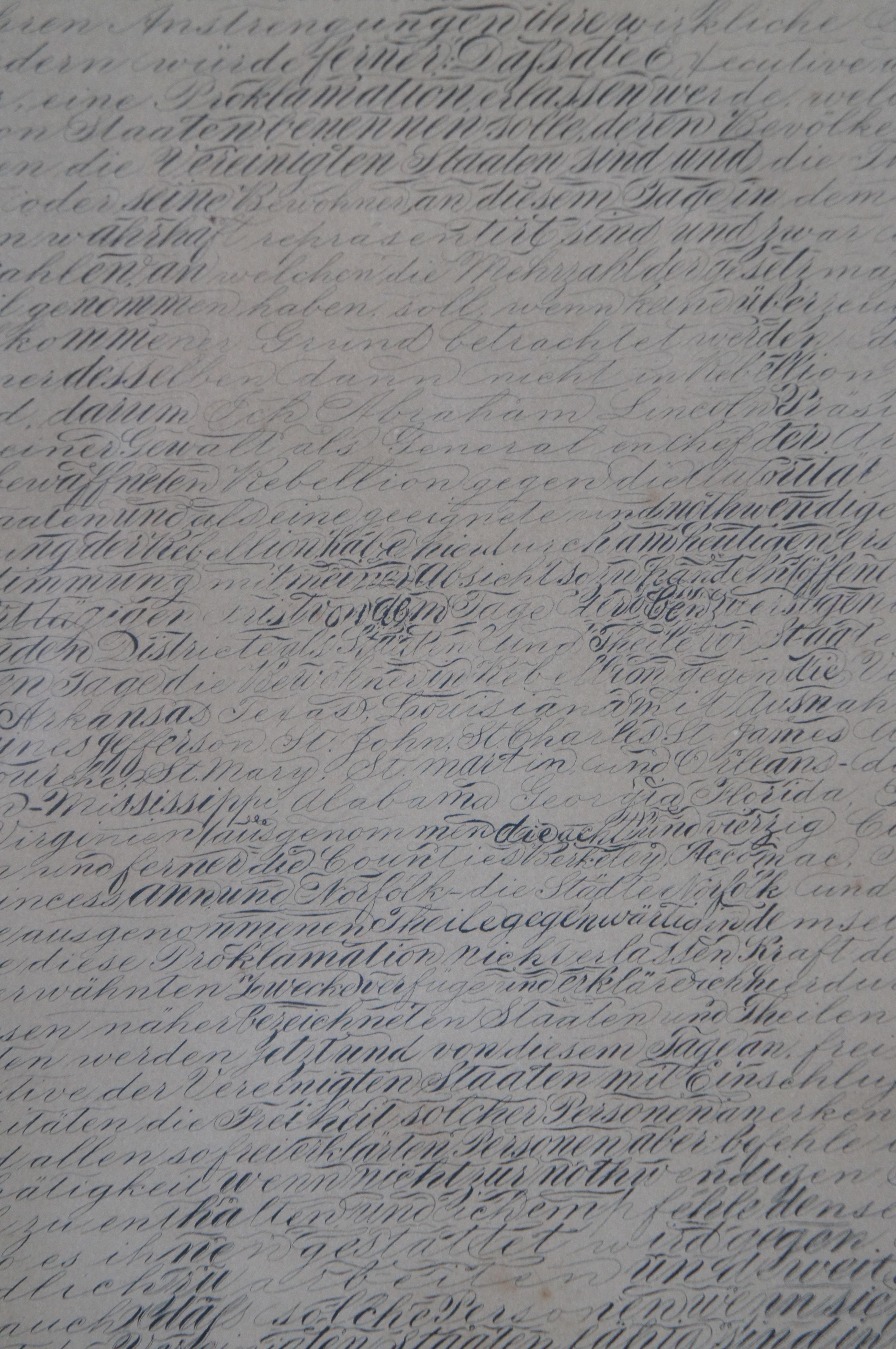 19th Century 1865 W.H. Pratt German Calligraphic Emancipation Proclamation Lincoln Portrait  For Sale