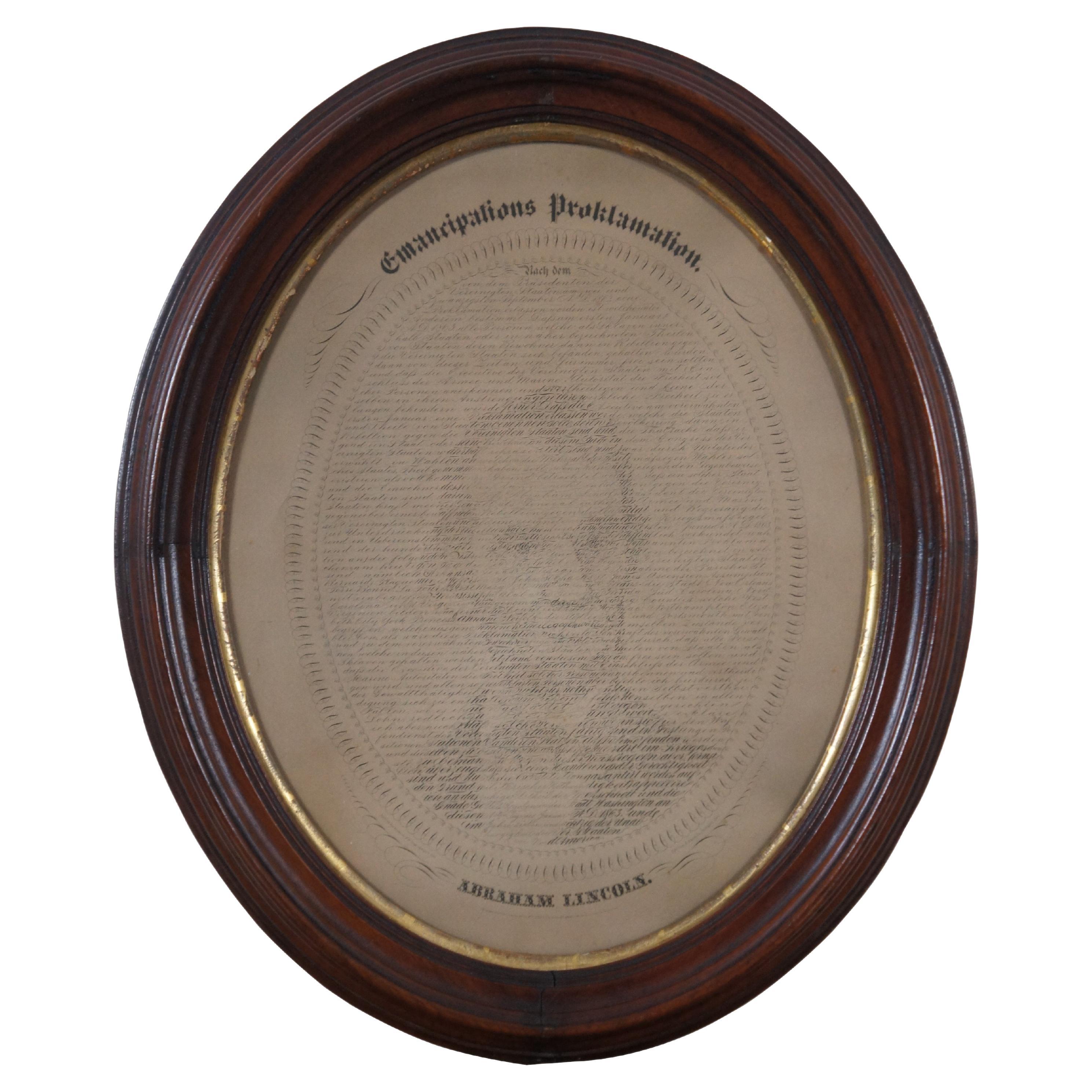 1865 W.H. Pratt German Calligraphic Emancipation Proclamation Lincoln Portrait  For Sale